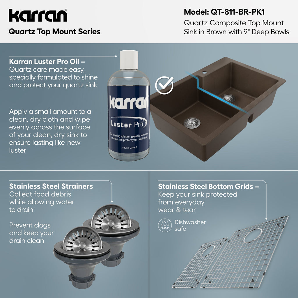 33" Top Mount Double Offset Bowl Quartz Composite Kitchen Sink Kit In Brown