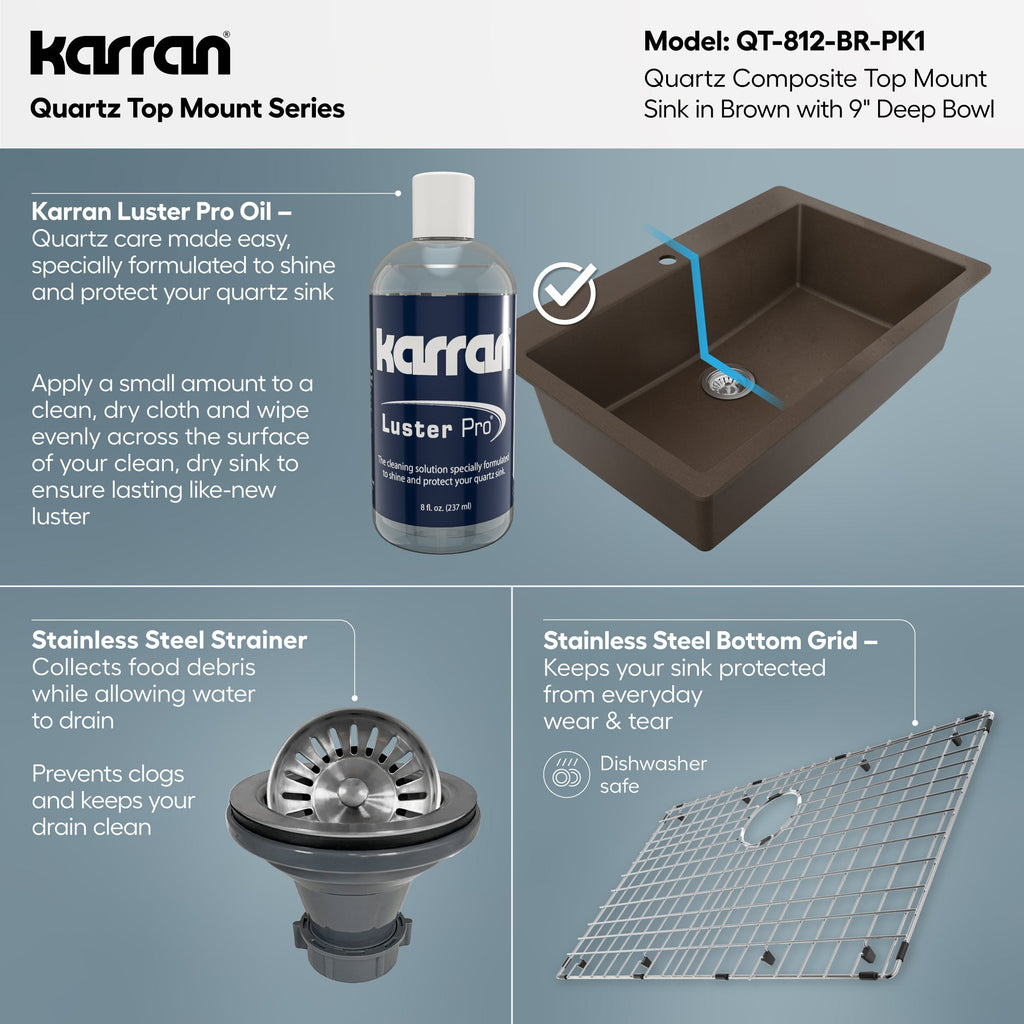 33" Top Mount Large Single Bowl Quartz Composite Kitchen Sink Kit In Brown