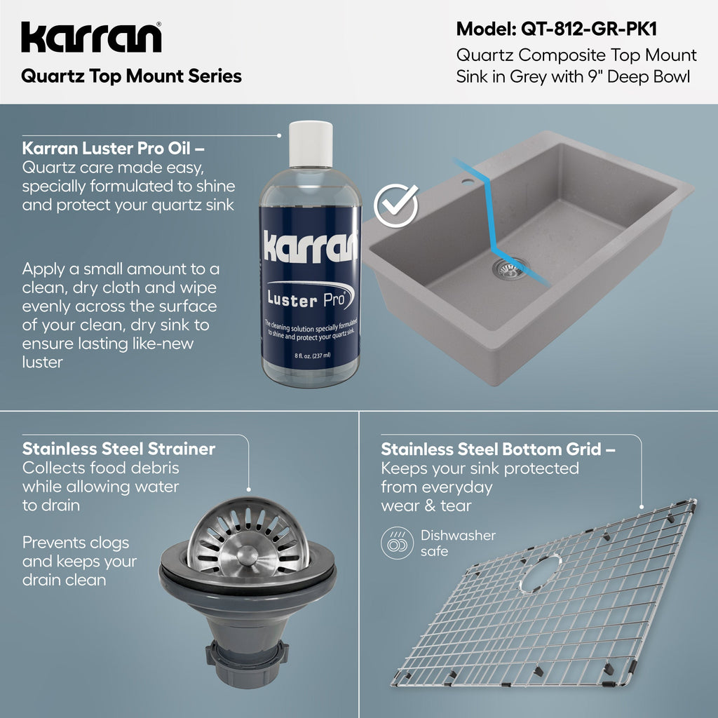 33" Top Mount Large Single Bowl Quartz Composite Kitchen Sink Kit In Grey