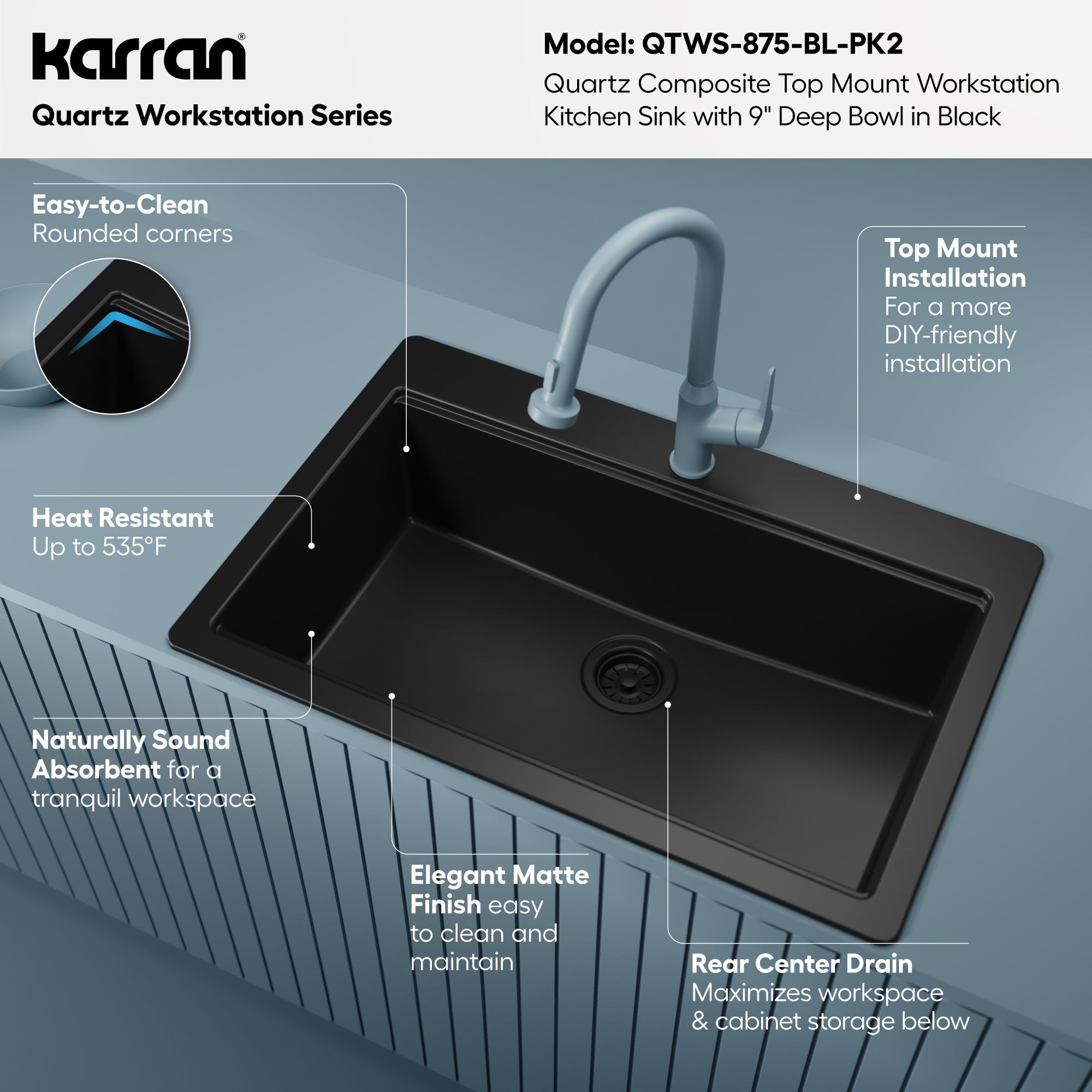 33" Top Mount Single Bowl Quartz Kitchen Sink Kit In Black