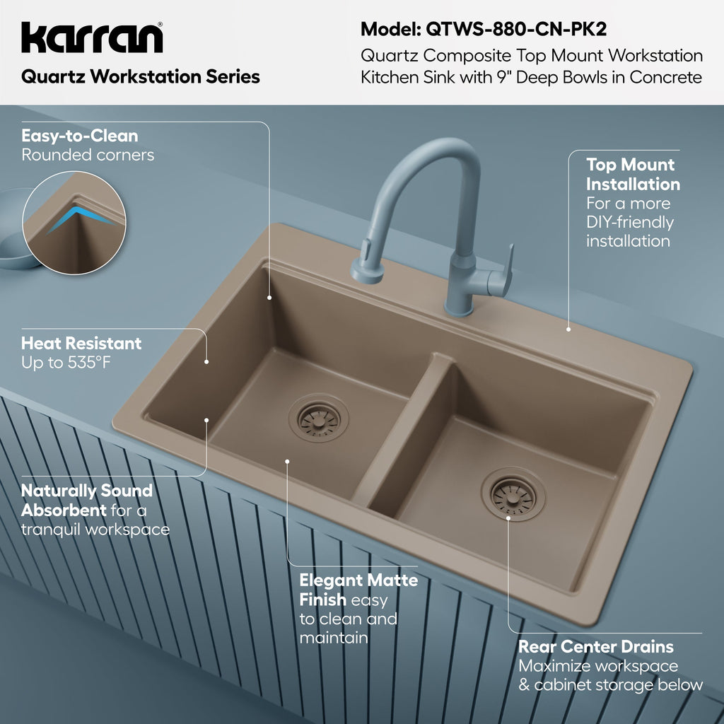 33" Top Mount Double Bowl Quartz Kitchen Sink Kit In Concrete