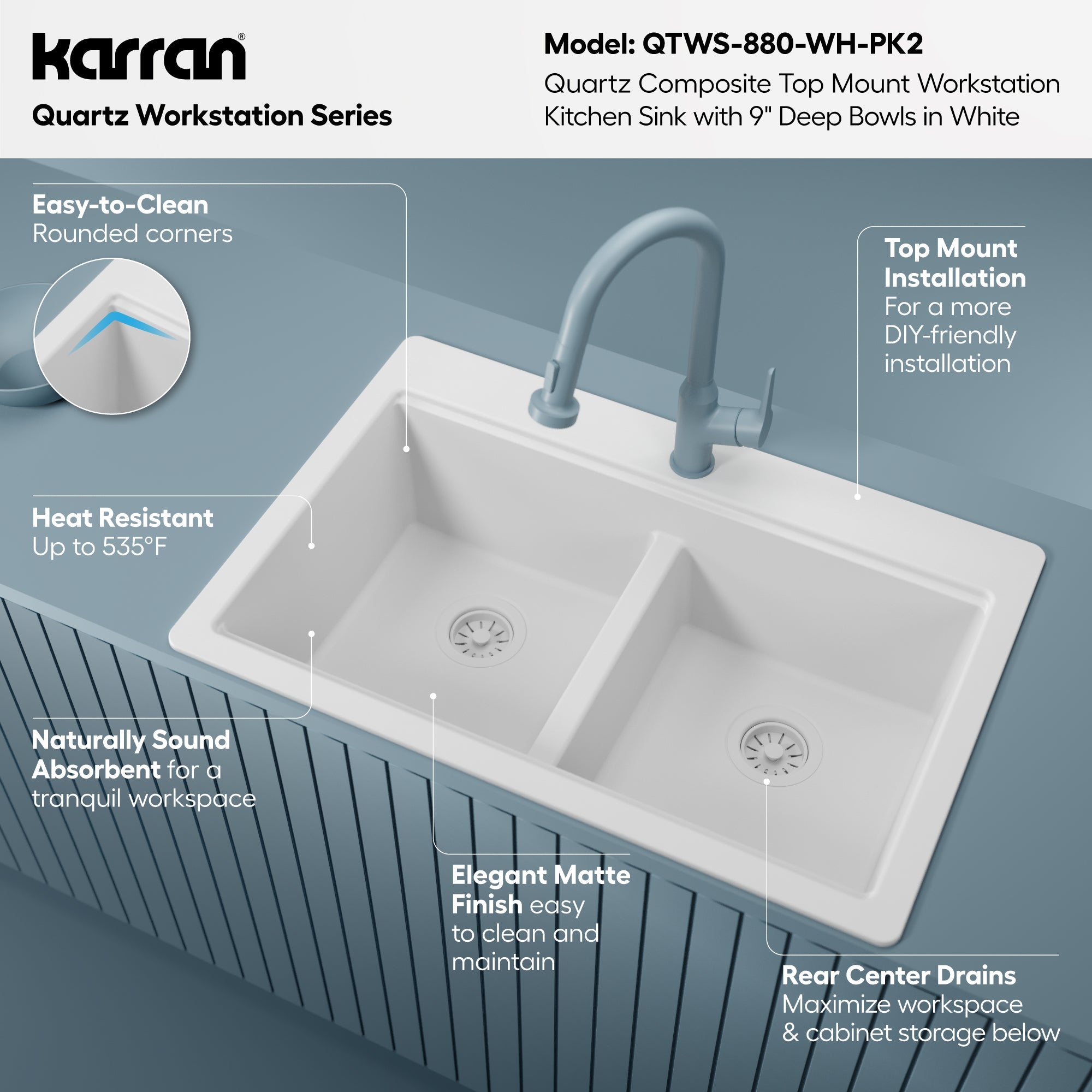 33" Top Mount Double Bowl Quartz Kitchen Sink Kit In White