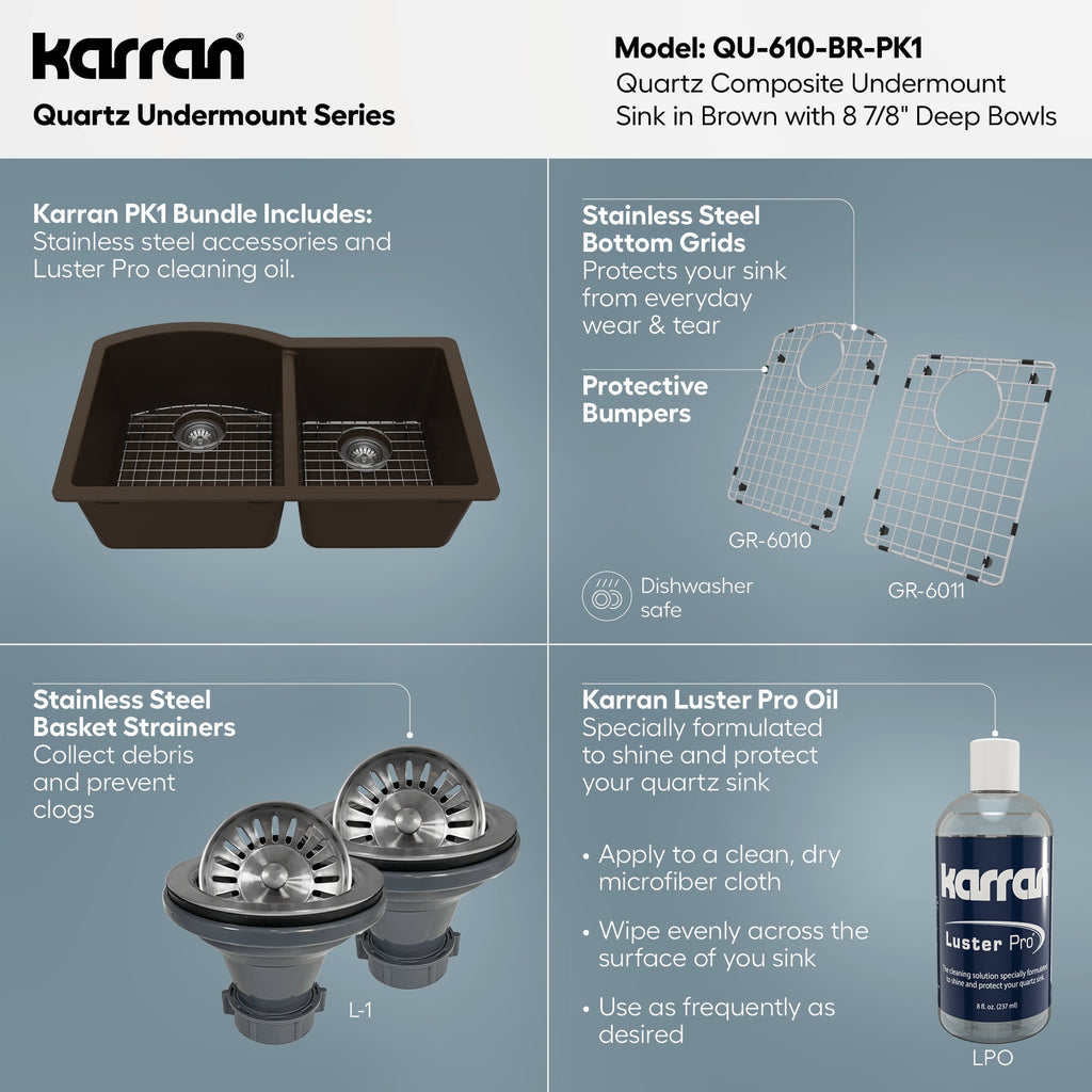 32-1/4" Undermount Double Offset Bowl Quartz Composite Kitchen Sink Kit In Brown