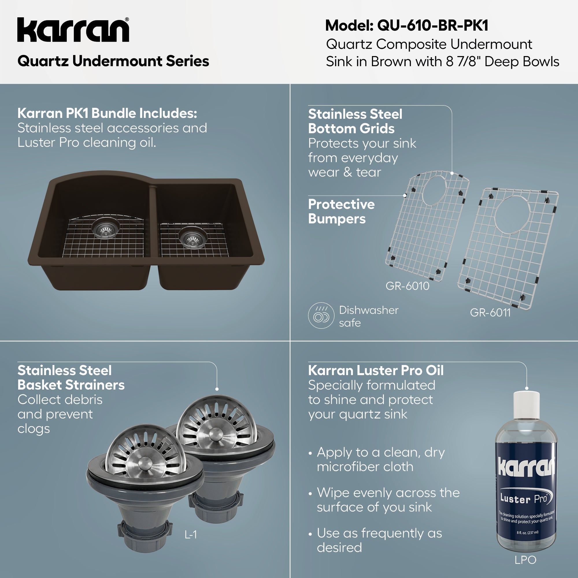 32-1/4" Undermount Double Offset Bowl Quartz Composite Kitchen Sink Kit In Brown