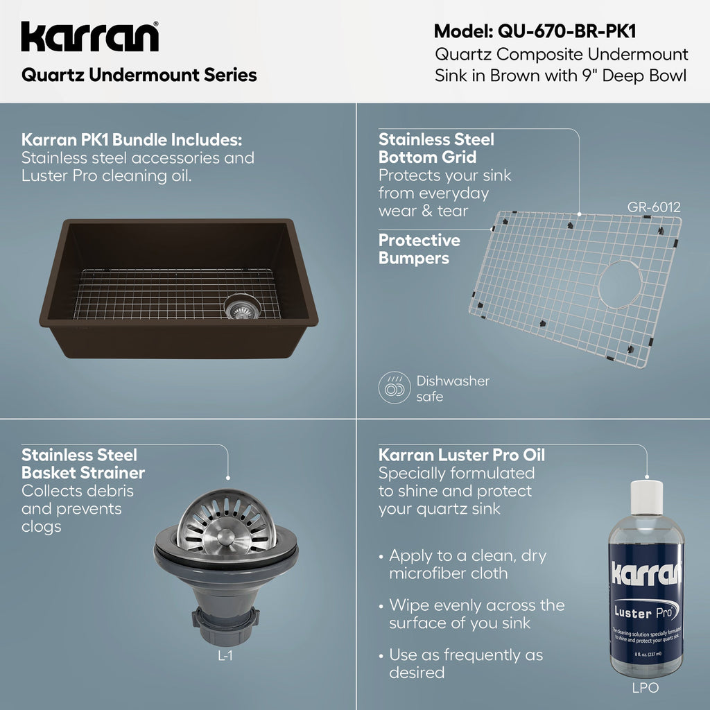 31-5/8" Undermount Large Single Bowl Quartz Composite Kitchen Sink Kit In Brown