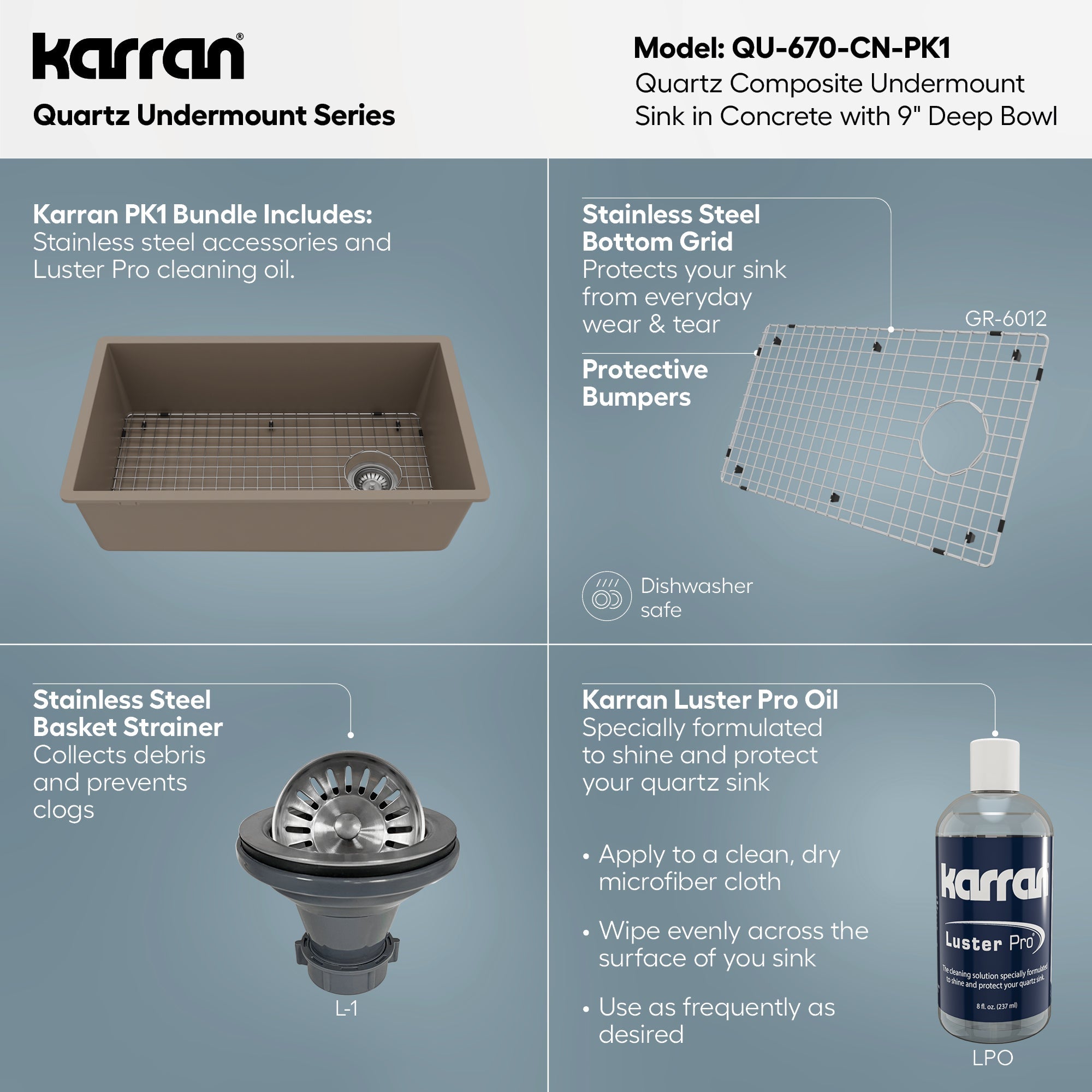 31-5/8" Undermount Large Single Bowl Quartz Composite Kitchen Sink Kit In Concrete