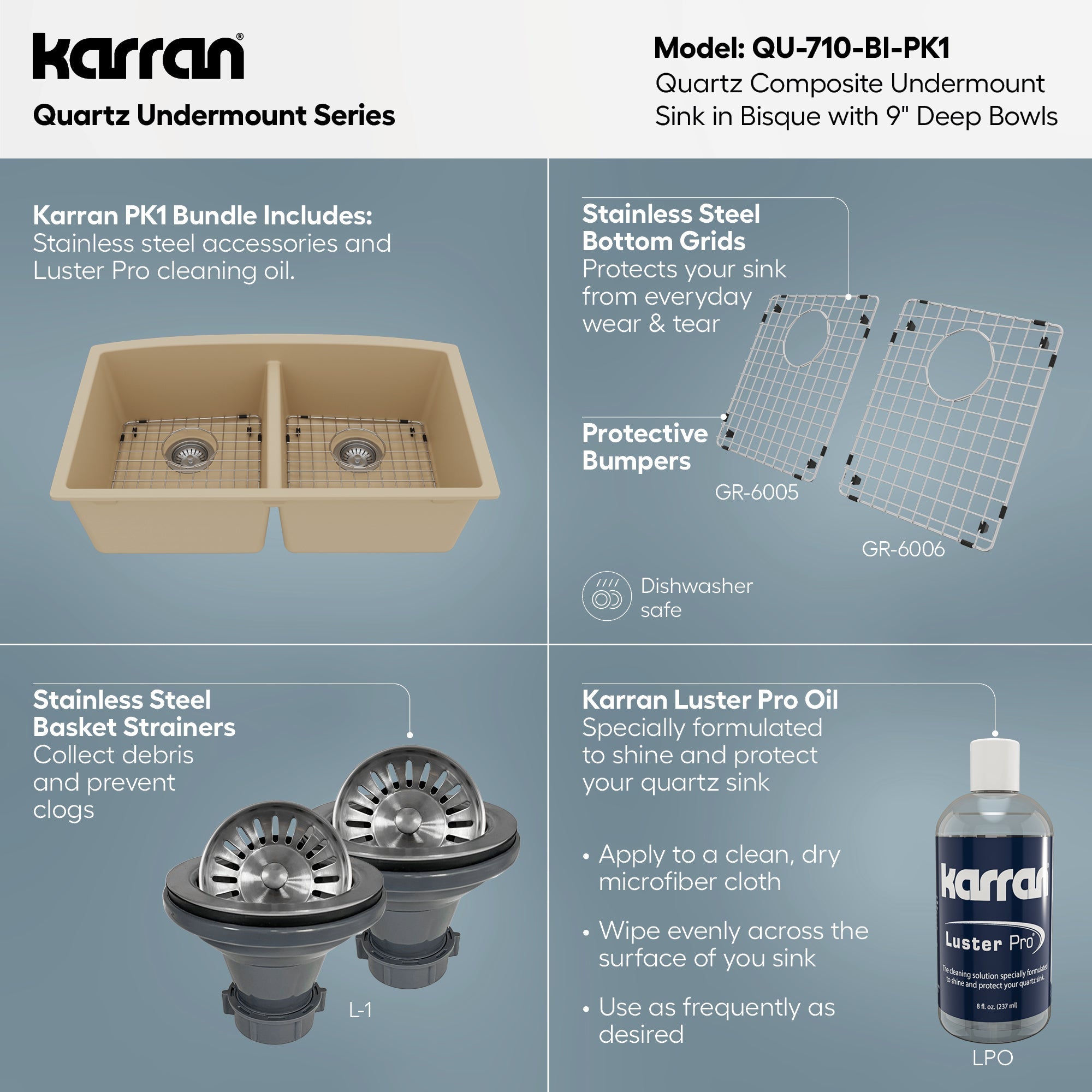 32-1/2" Undermount Double Equal Bowl Quartz Composite Kitchen Sink Kit In Bisque