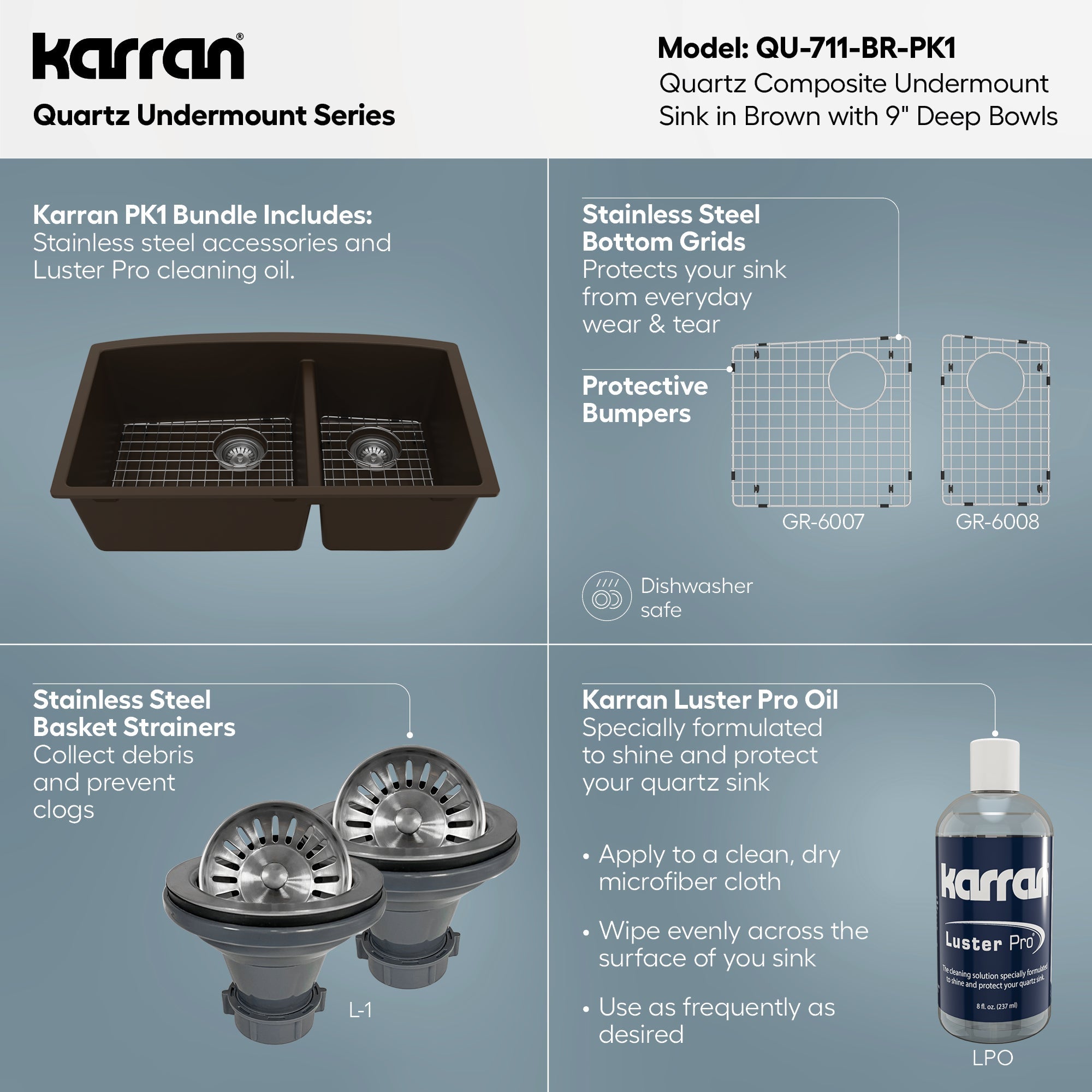 32-1/2" Undermount Double Offset Bowl Quartz Composite Kitchen Sink Kit In Brown