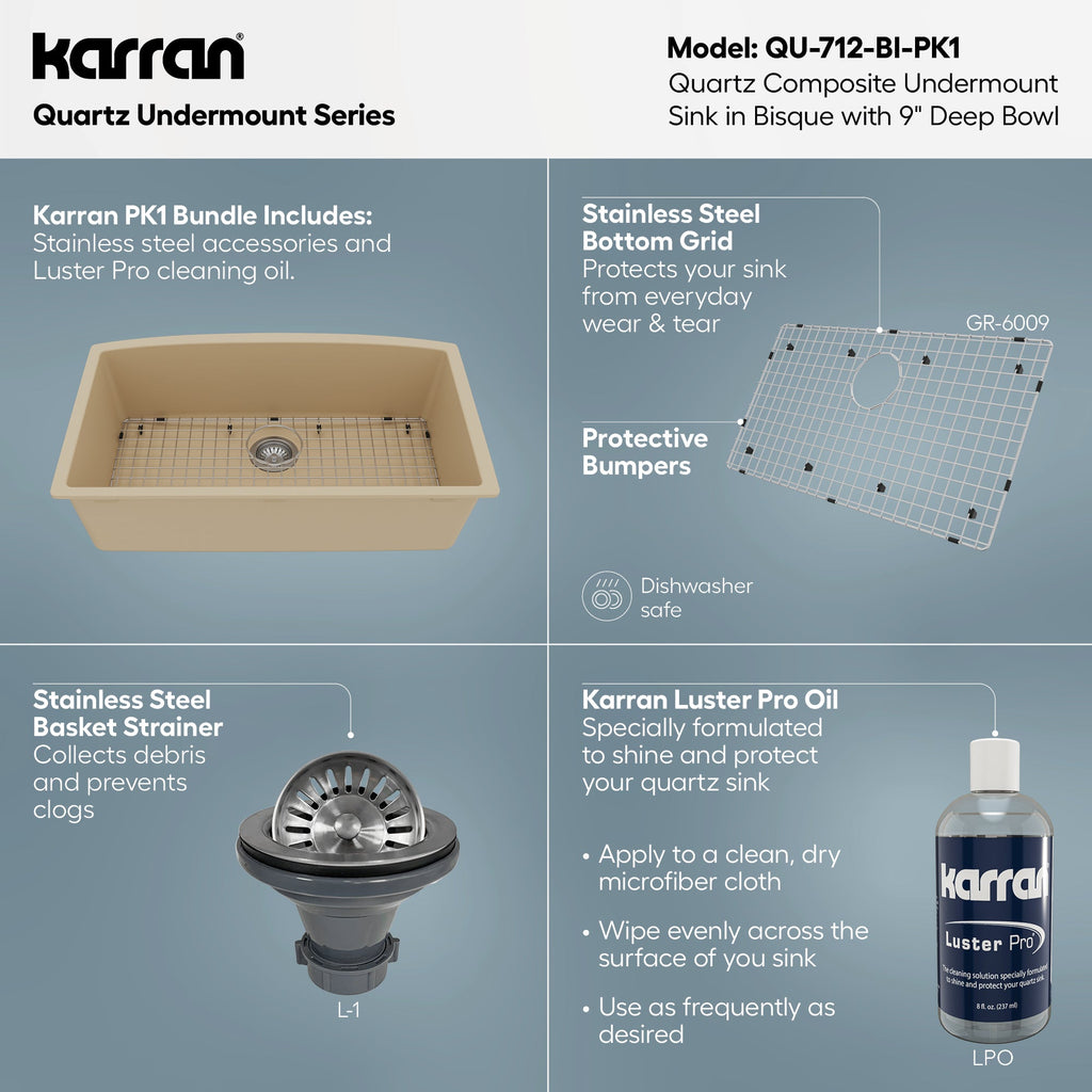 32-1/2" Undermount Large Single Bowl Quartz Composite Kitchen Sink Kit In Bisque