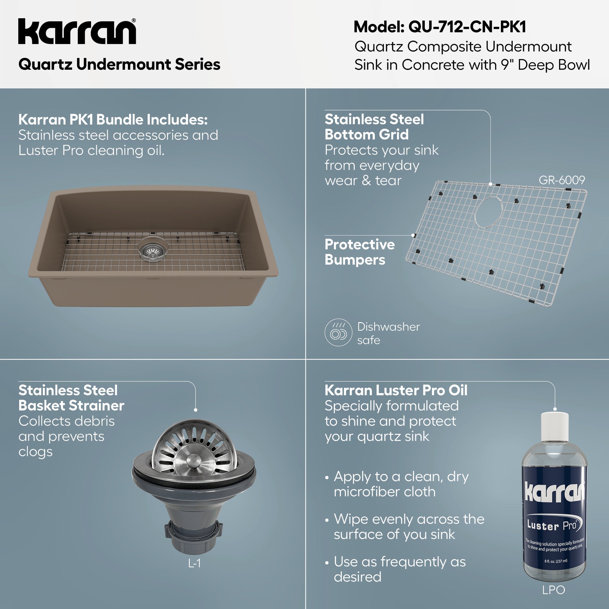 32-1/2" Undermount Large Single Bowl Quartz Composite Kitchen Sink Kit In Concrete