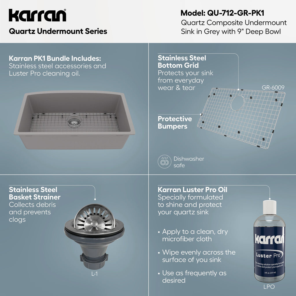 32-1/2" Undermount Large Single Bowl Quartz Composite Kitchen Sink Kit In Grey