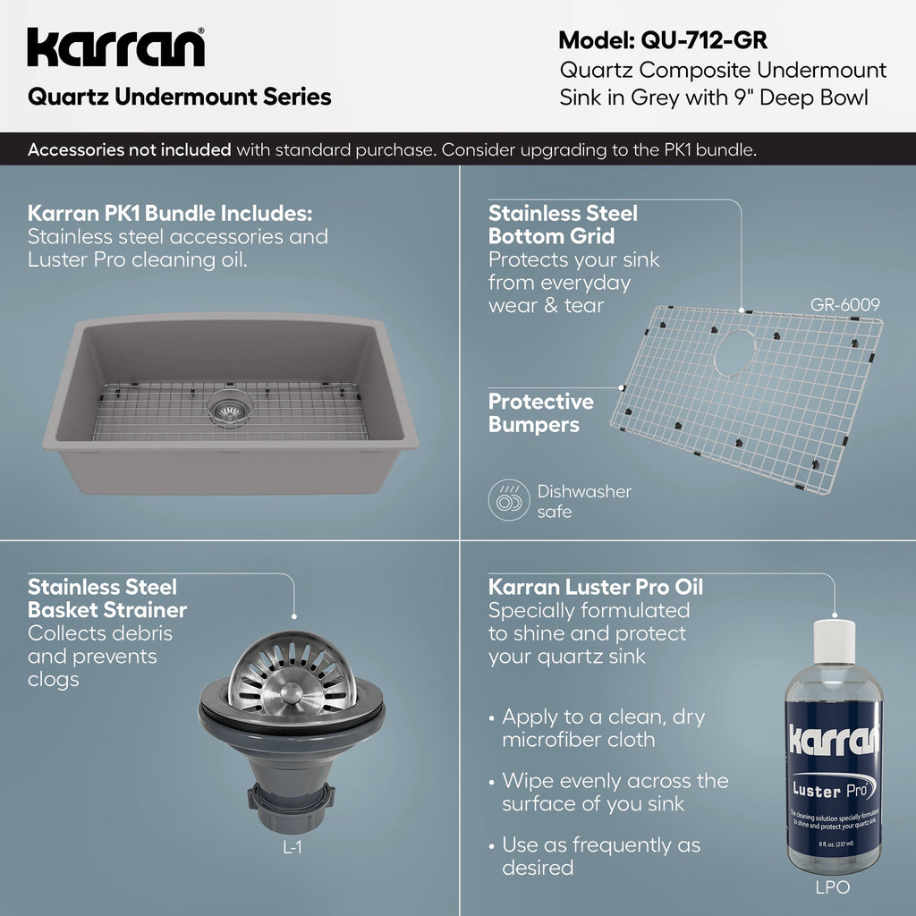 32-1/2" Undermount Large Single Bowl Quartz Composite Kitchen Sink In Grey