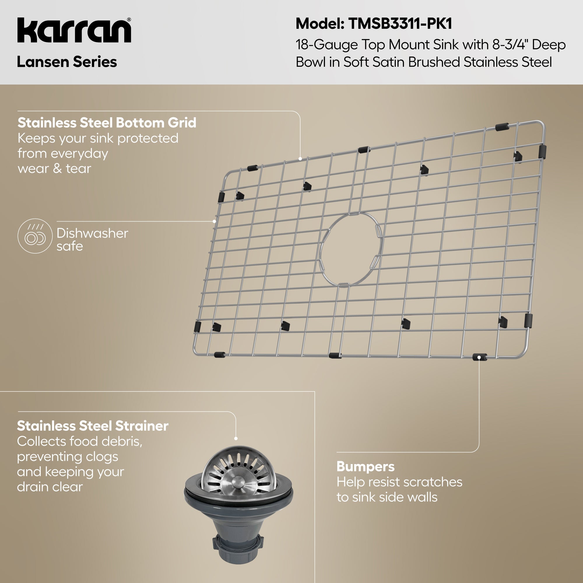 Lansen 33" Top Mount 18 Gauge Single Bowl Stainless Steel Sink with Accessories