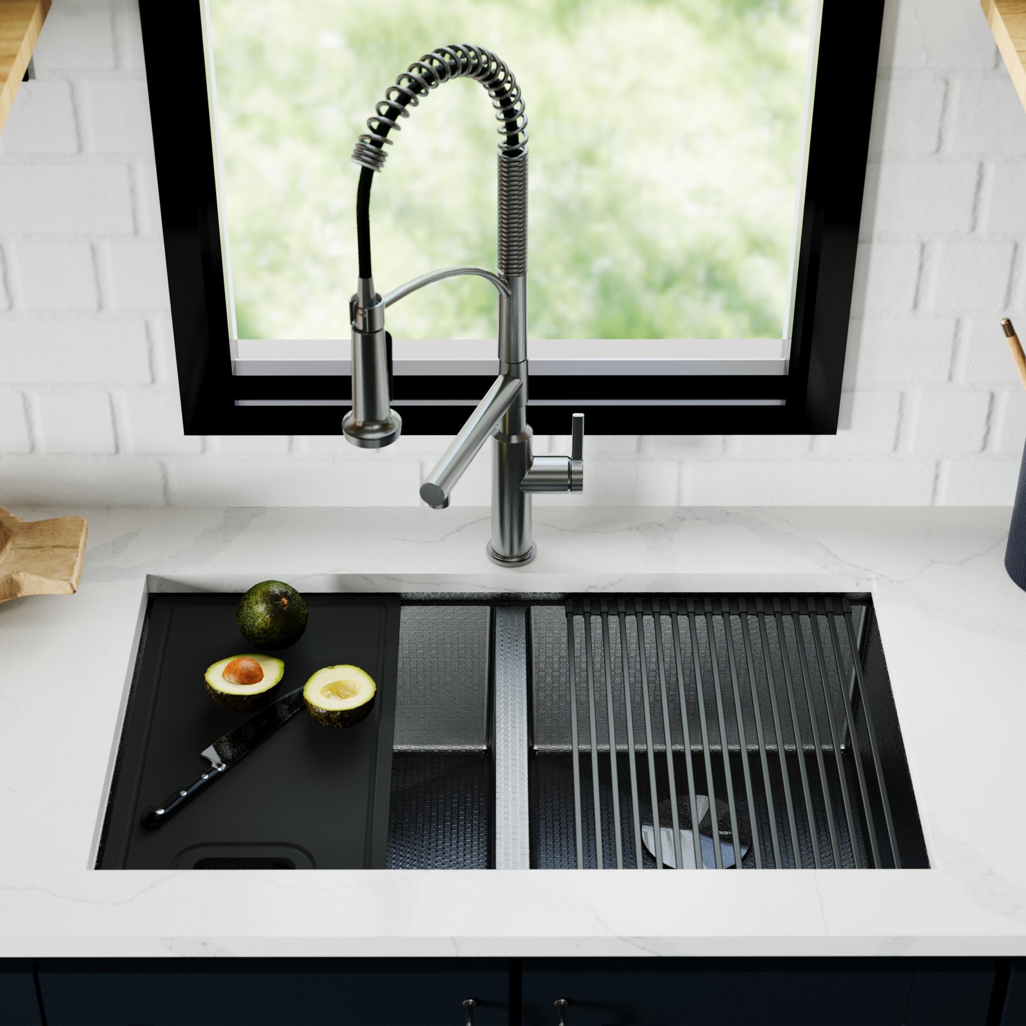 Matrix 32" Undermount Workstation 16 Gauge Double Bowl Stainless Steel Kitchen Sink In Gunmetal Grey with Accessories