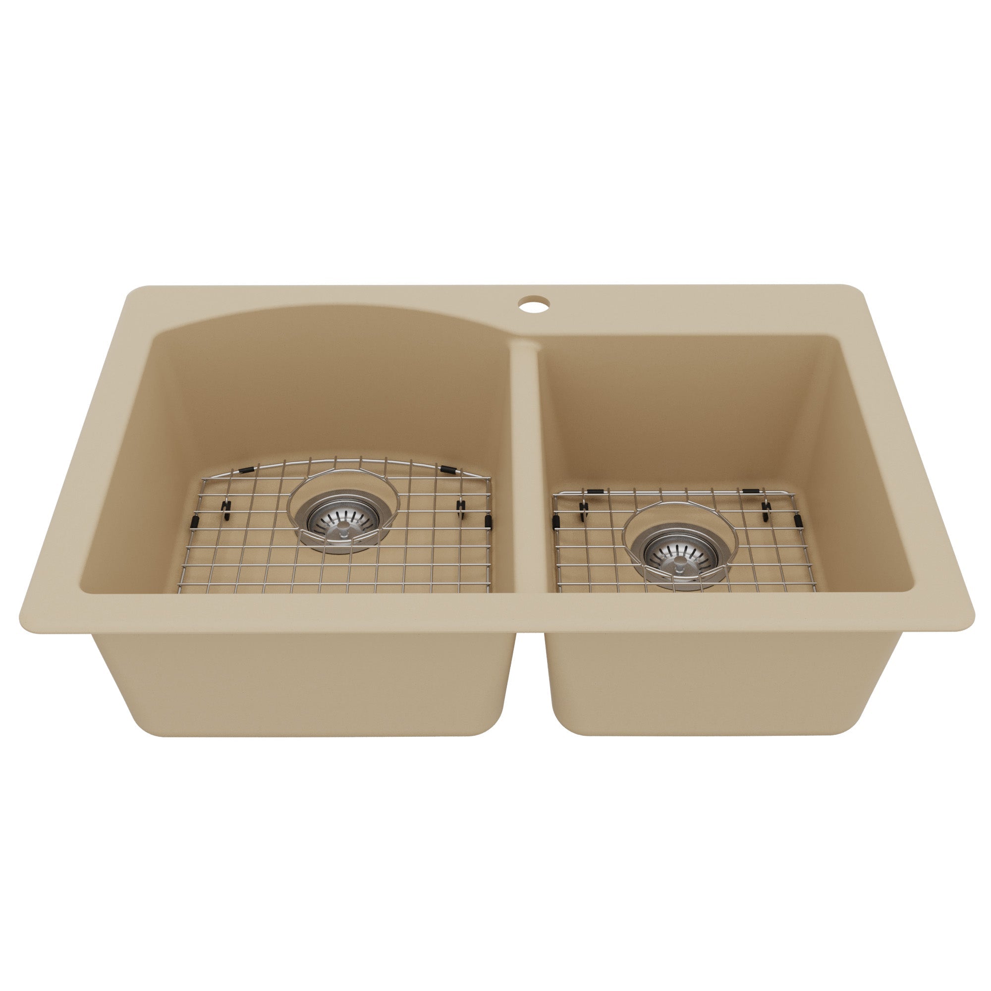 33" Top Mount Double Offset Bowl Quartz Composite Kitchen Sink Kit In Bisque