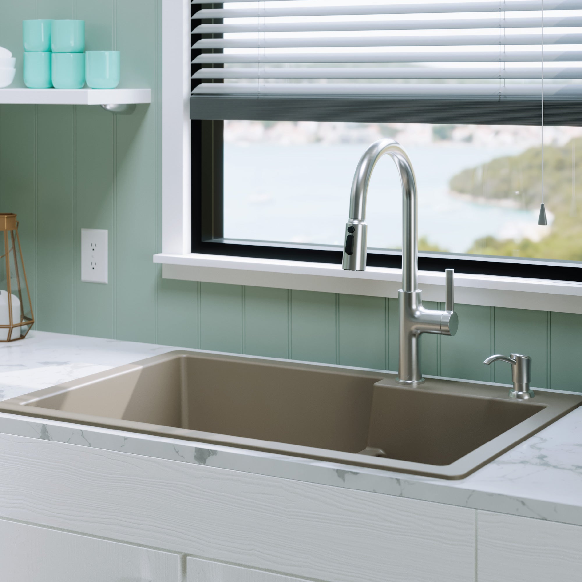 33" Top Mount Double Offset Bowl Quartz Composite Kitchen Sink In Concrete