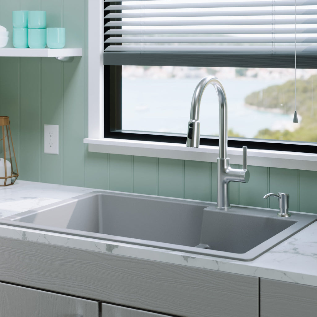 33" Top Mount Double Offset Bowl Quartz Composite Kitchen Sink In Grey
