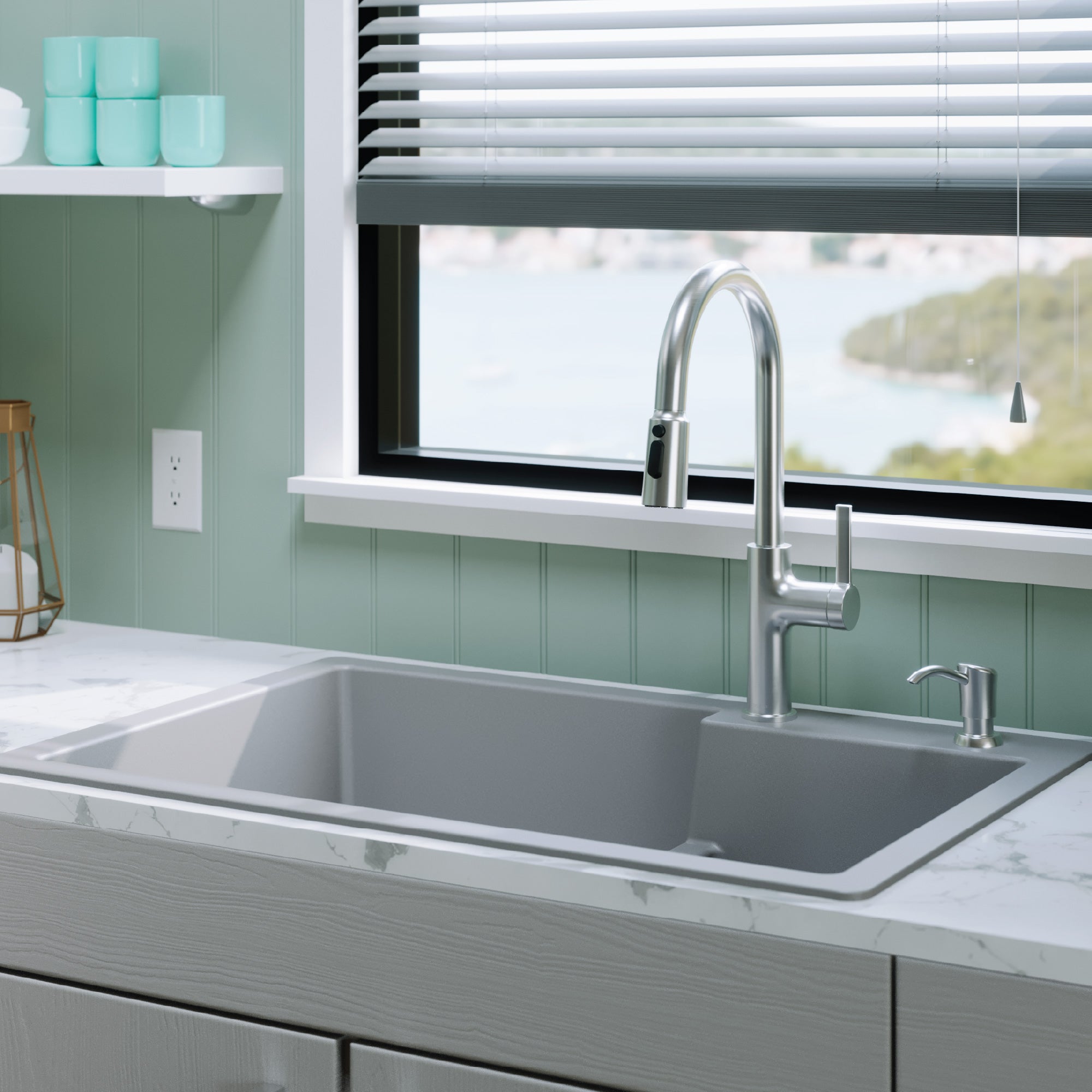 33" Top Mount Double Offset Bowl Quartz Composite Kitchen Sink In Grey