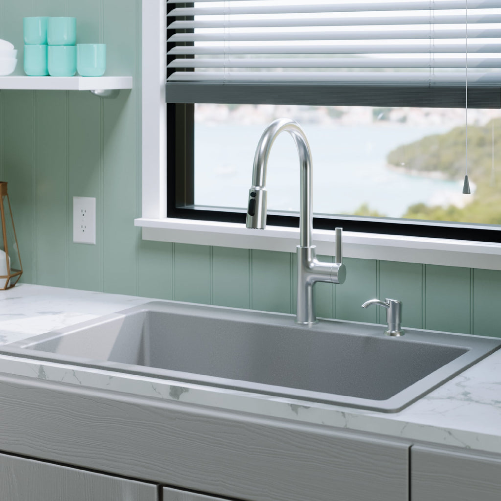 33" Top Mount Large Single Bowl Quartz Composite Kitchen Sink In Grey