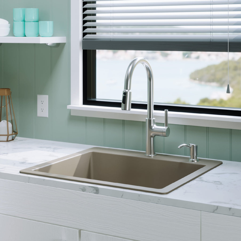 25" Top Mount Single Bowl Quartz Composite Kitchen Sink In Concrete