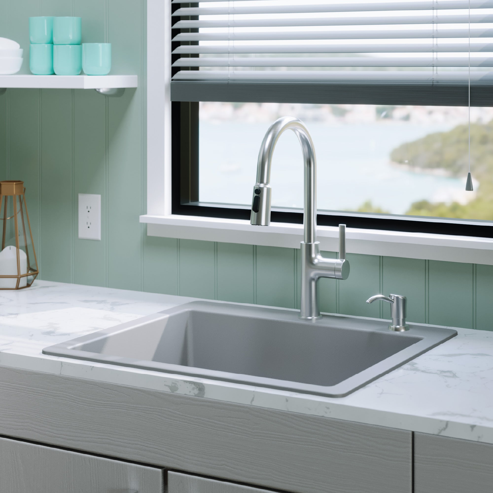 25" Top Mount Single Bowl Quartz Composite Kitchen Sink In Grey