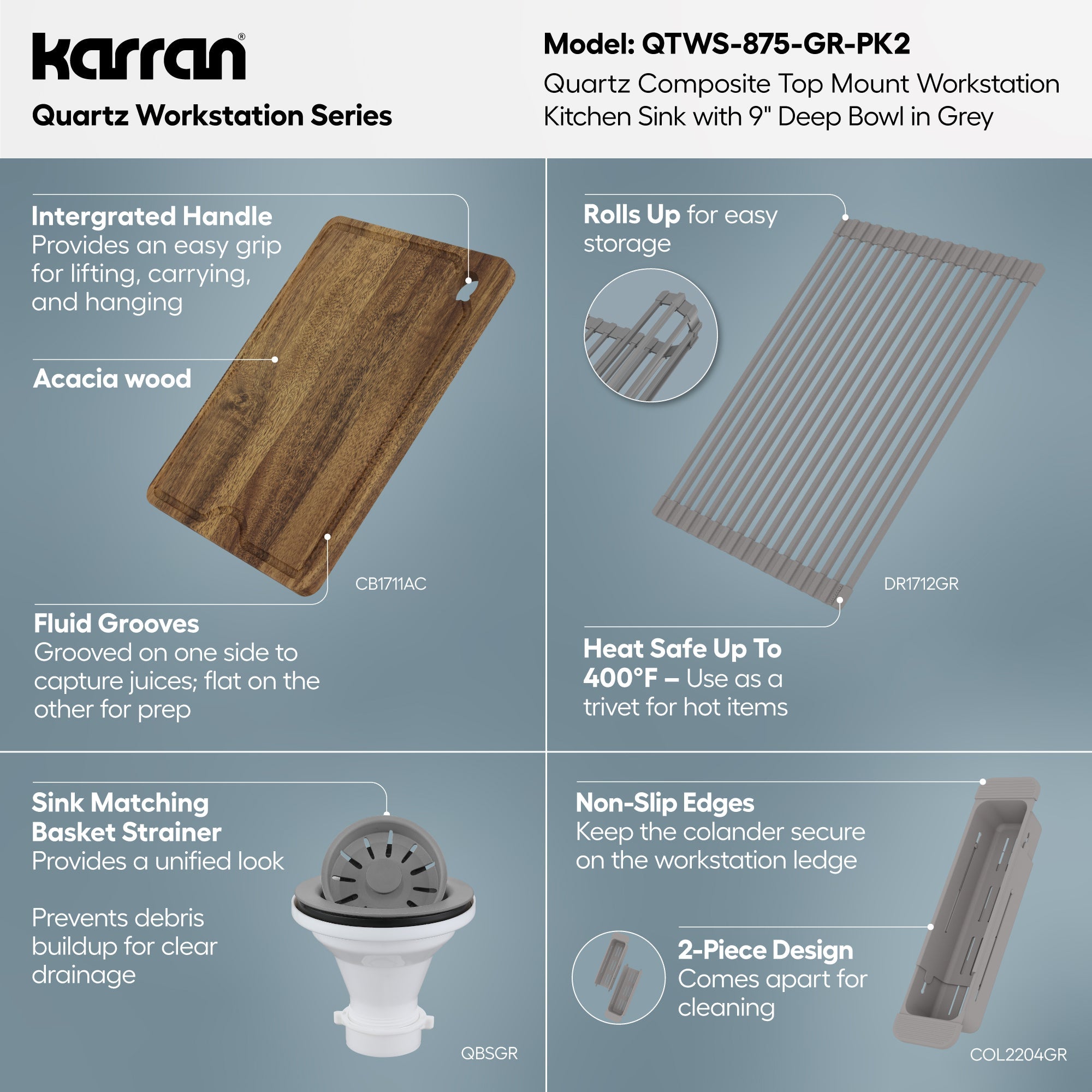 33" Top Mount Single Bowl Quartz Kitchen Sink Kit In Grey
