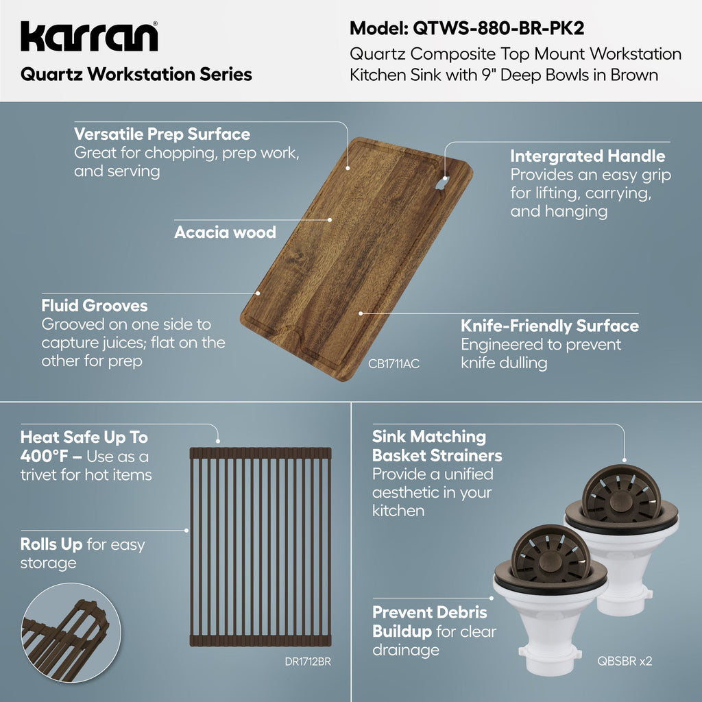 33" Top Mount Double Bowl Quartz Kitchen Sink Kit In Brown