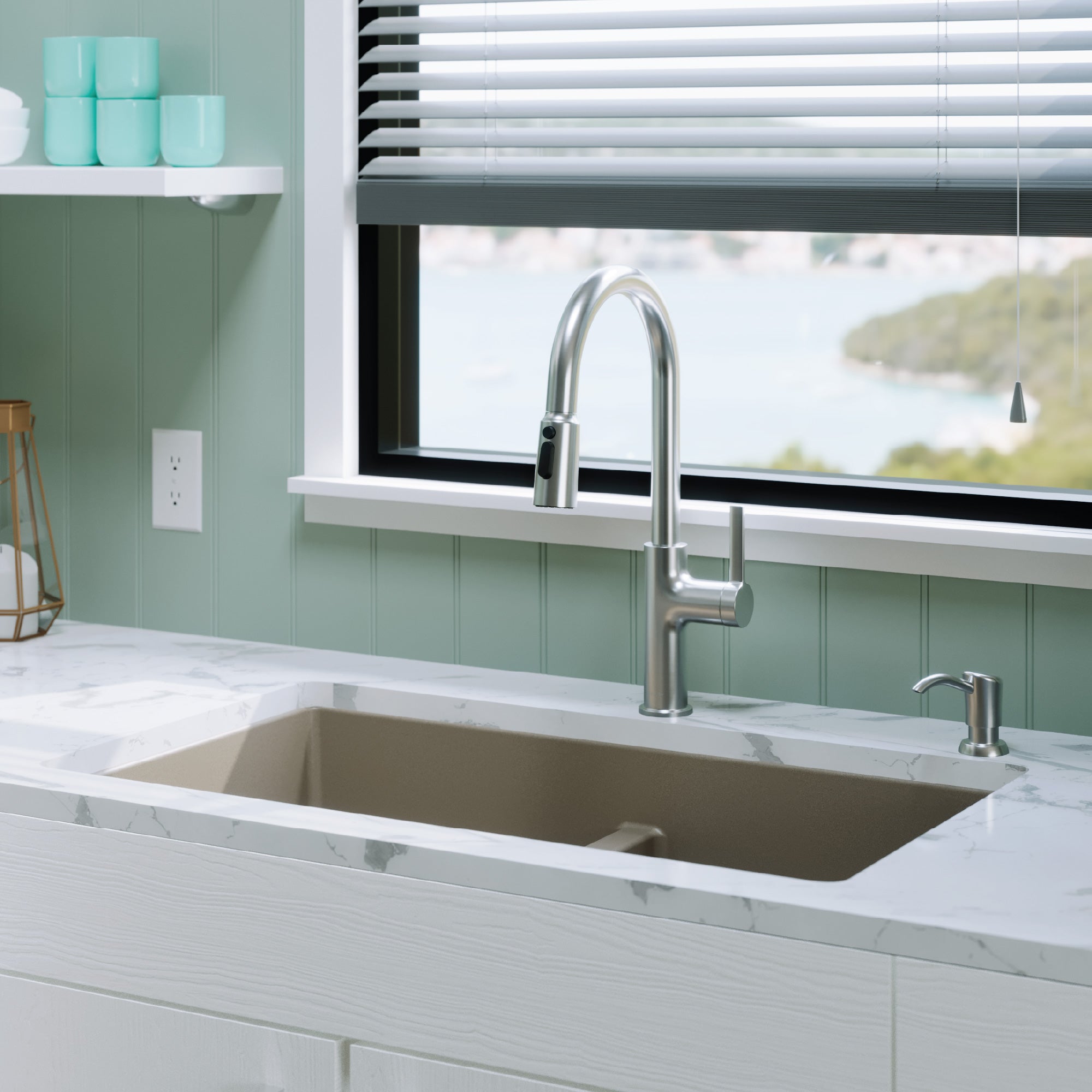 32-3/8" Undermount Double Equal Bowl Quartz Composite Kitchen Sink Kit In Concrete