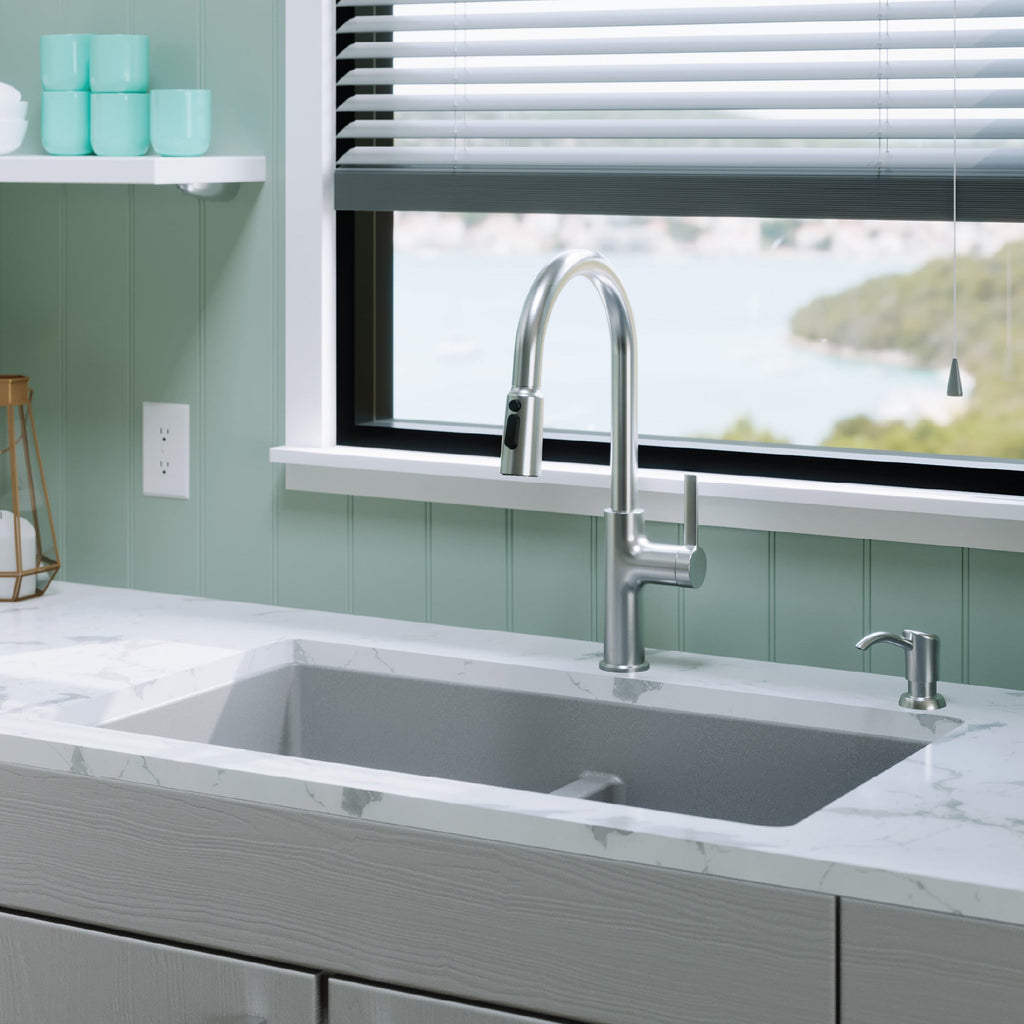 32-3/8" Undermount Double Equal Bowl Quartz Composite Kitchen Sink Kit In Grey