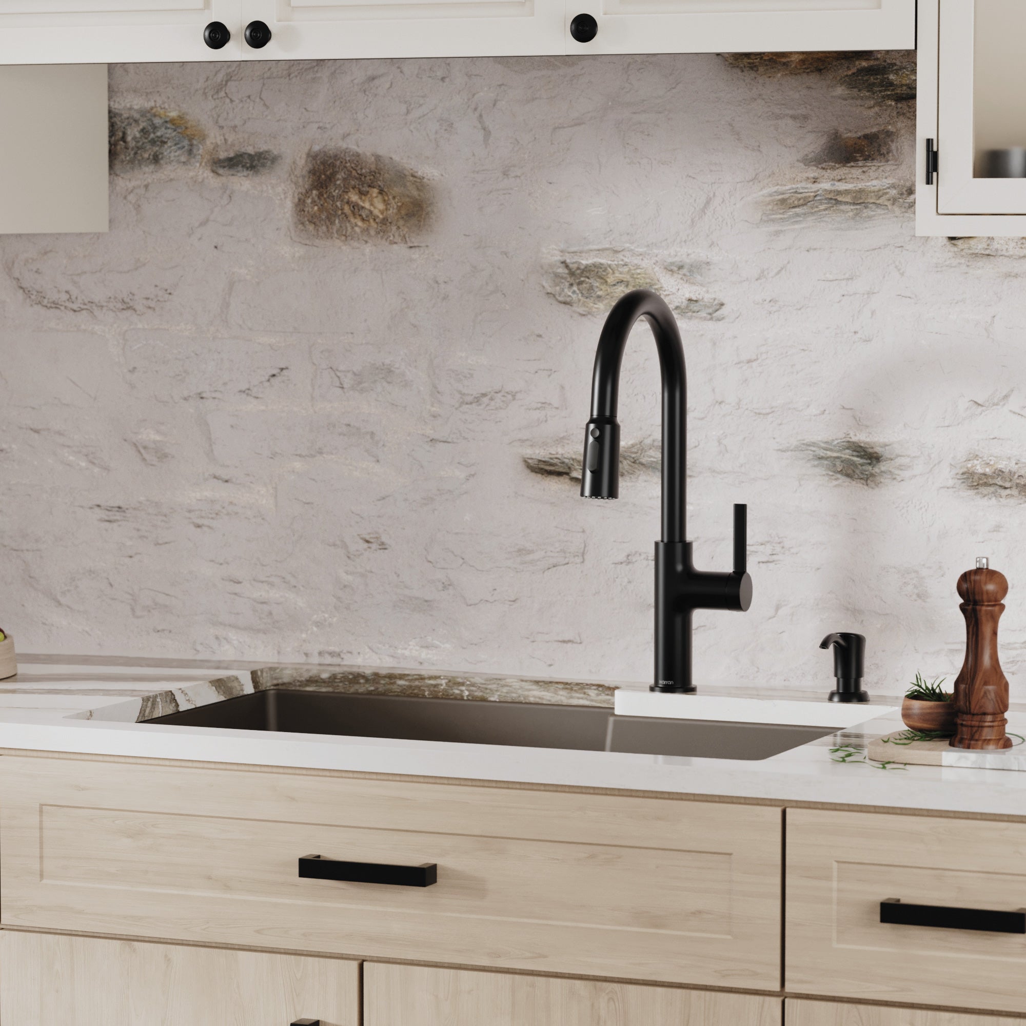 32" Undermount Double Offset Bowl Quartz Composite Kitchen Sink Kit In Brown