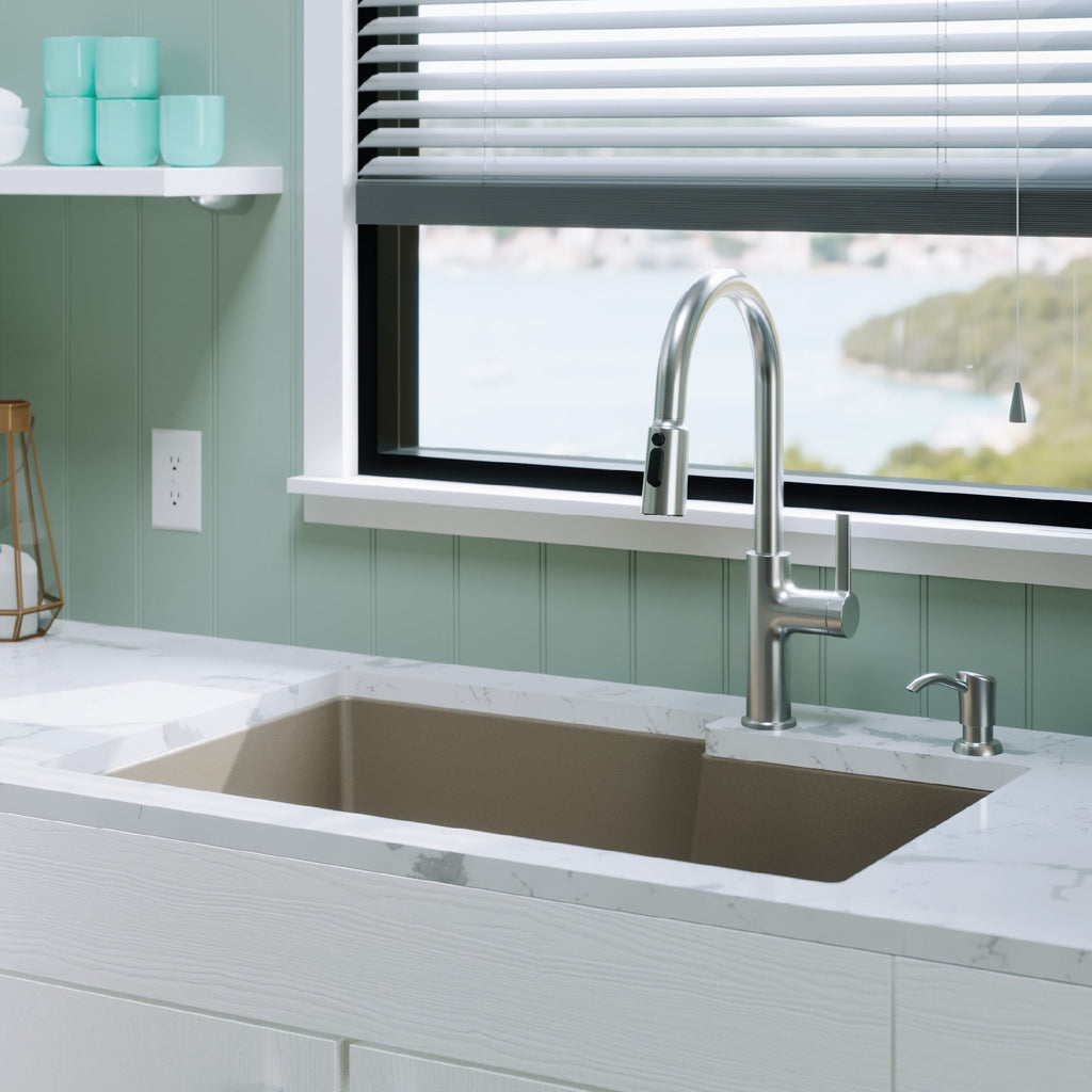 32" Undermount Double Offset Bowl Quartz Composite Kitchen Sink Kit In Concrete
