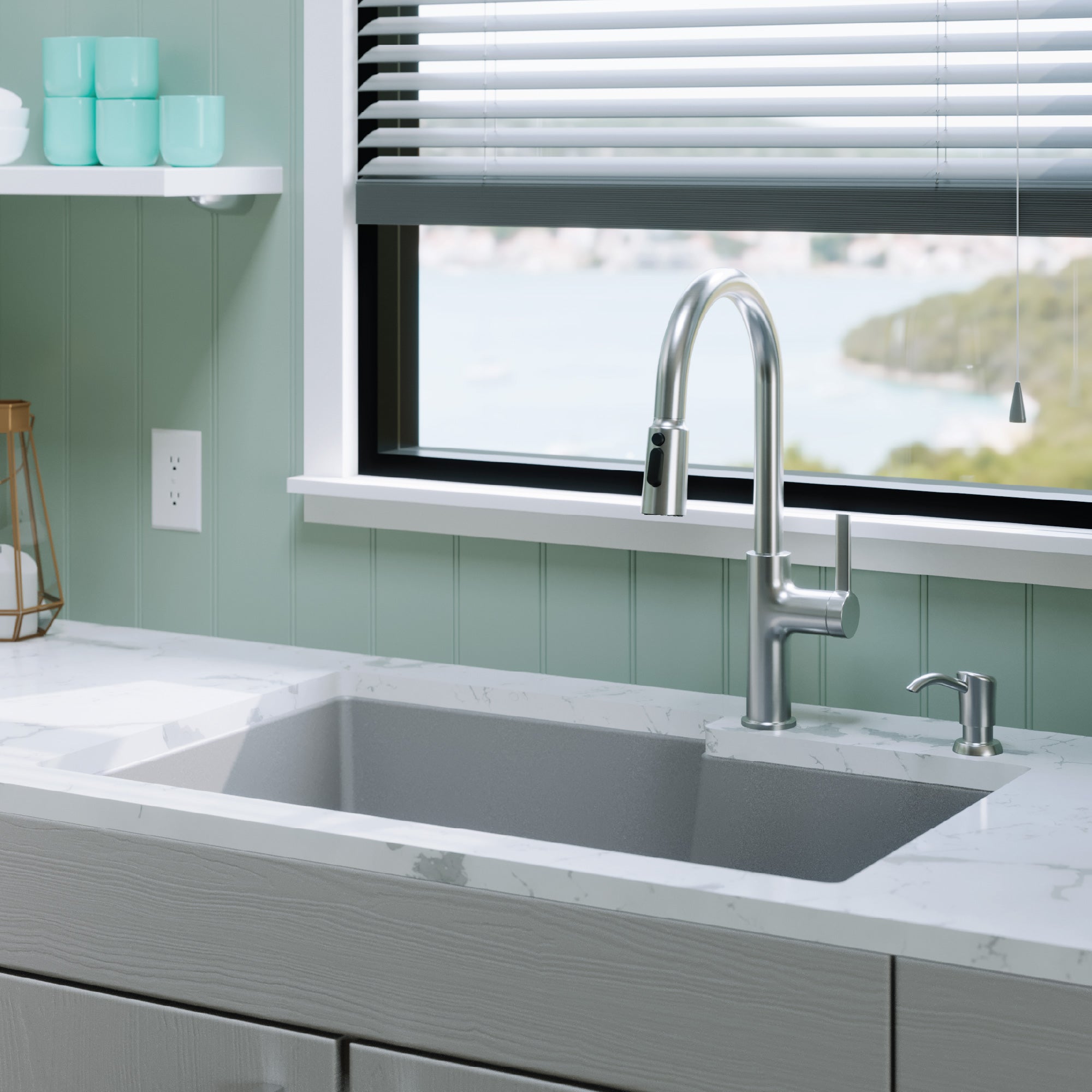 32" Undermount Double Offset Bowl Quartz Composite Kitchen Sink Kit In Grey