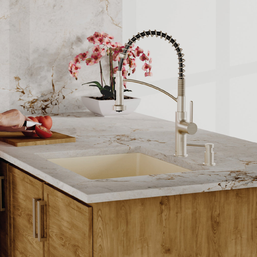 24-3/8" Undermount Single Bowl Quartz Composite Kitchen Sink Kit In Bisque