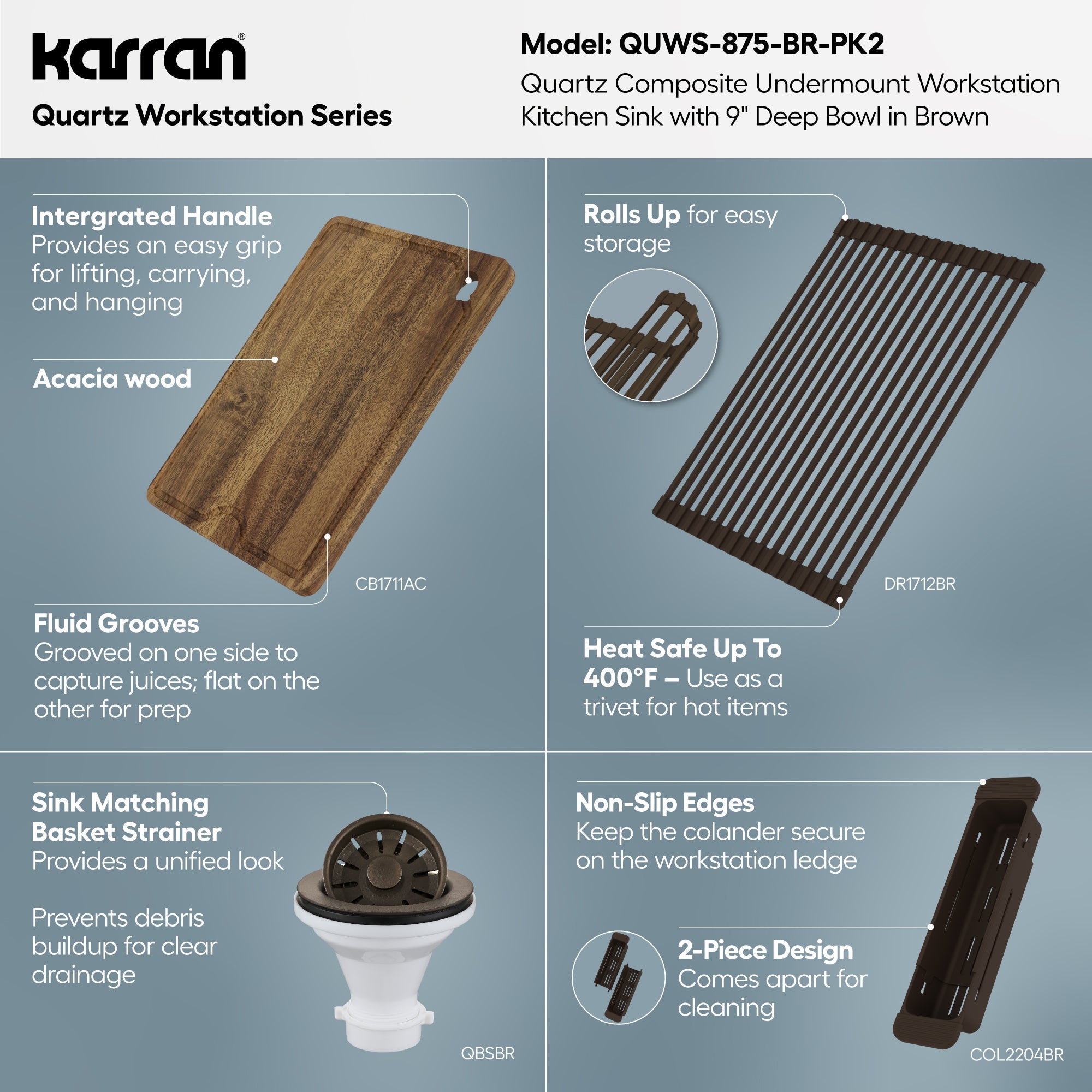 32" Undermount Single Bowl Quartz Kitchen Sink Kit In Brown