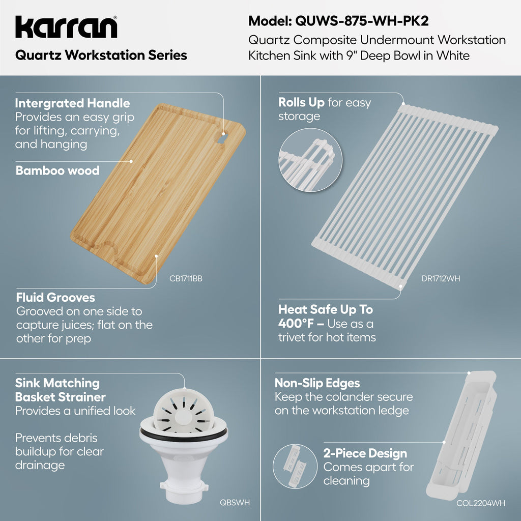 32" Undermount Single Bowl Quartz Kitchen Sink Kit In White
