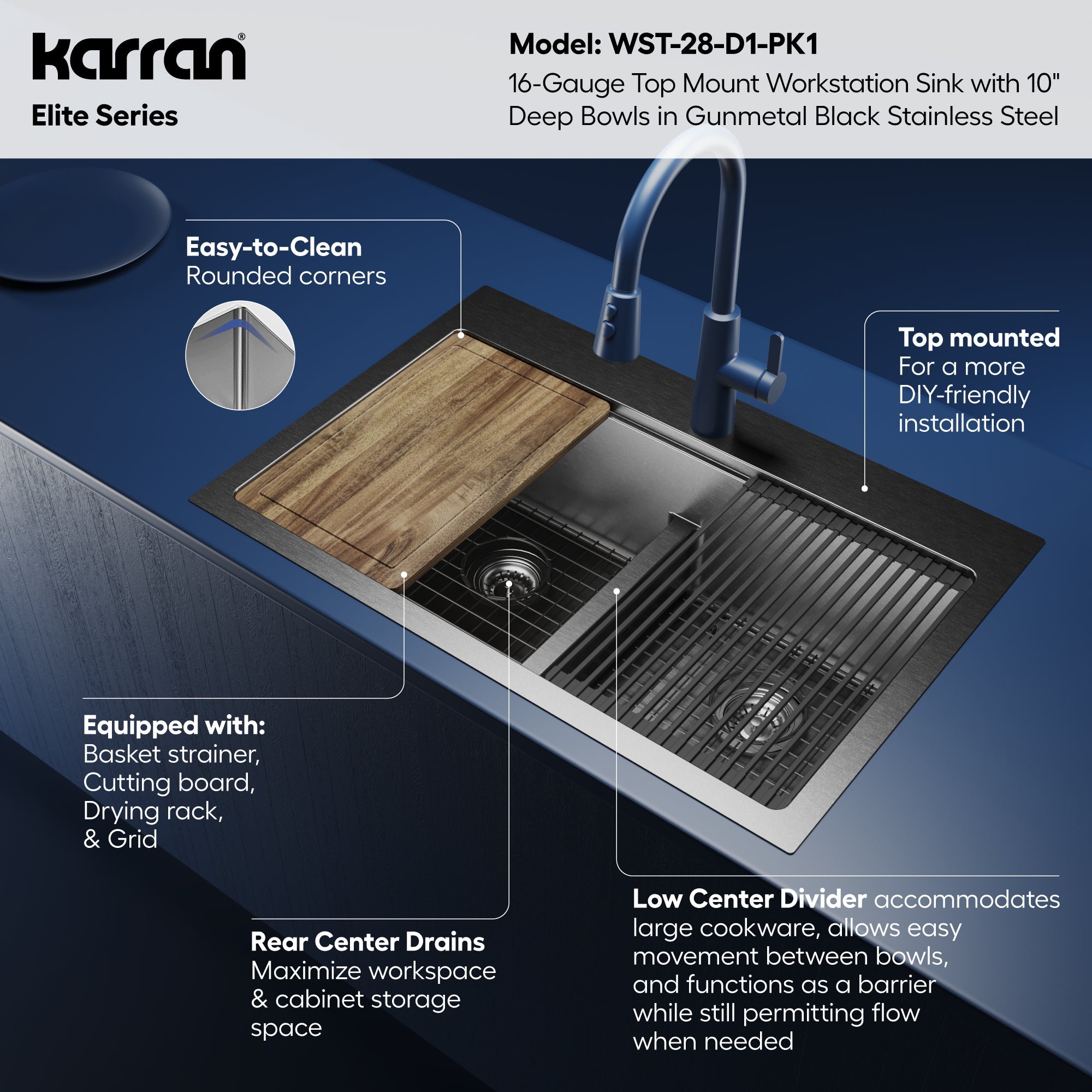 Elite 33" Top Mount Workstation 16 Gauge Stainless Steel Double Bowl Kitchen Sink In Gunmetal Black