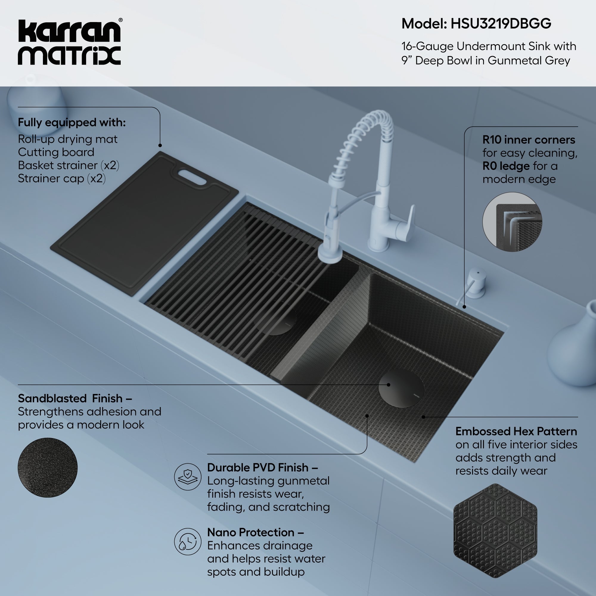 Matrix 32" Undermount Workstation 16 Gauge Double Bowl Stainless Steel Kitchen Sink In Gunmetal Grey with Accessories