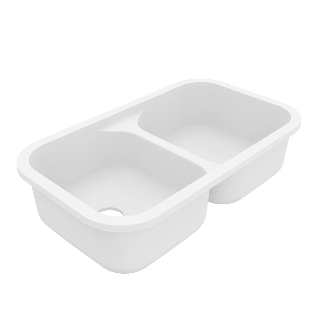 32-7/8" Seamless Undermount Doube Equal Bowl Quartz Composite Kitchen Sink In White