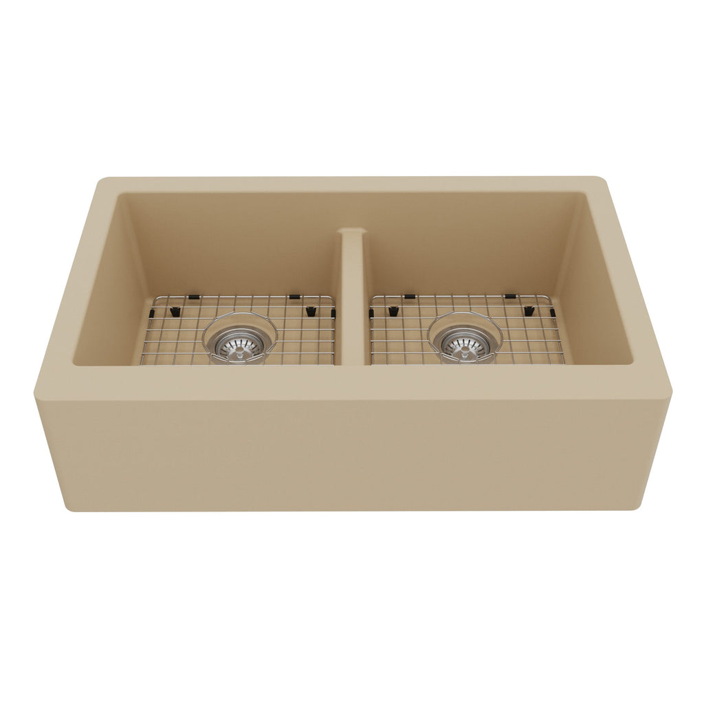 34" Farmhouse Double Equal Bowl Quartz Composite Kitchen Sink Kit In Bisque