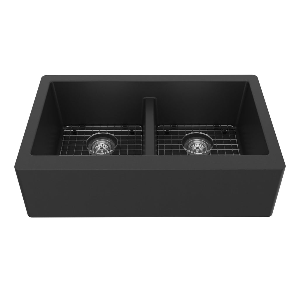 34" Farmhouse Double Equal Bowl Quartz Composite Kitchen Sink Kit In Black