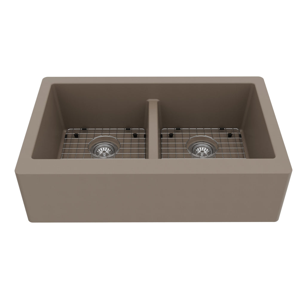34" Farmhouse Double Equal Bowl Quartz Composite Kitchen Sink Kit In Concrete