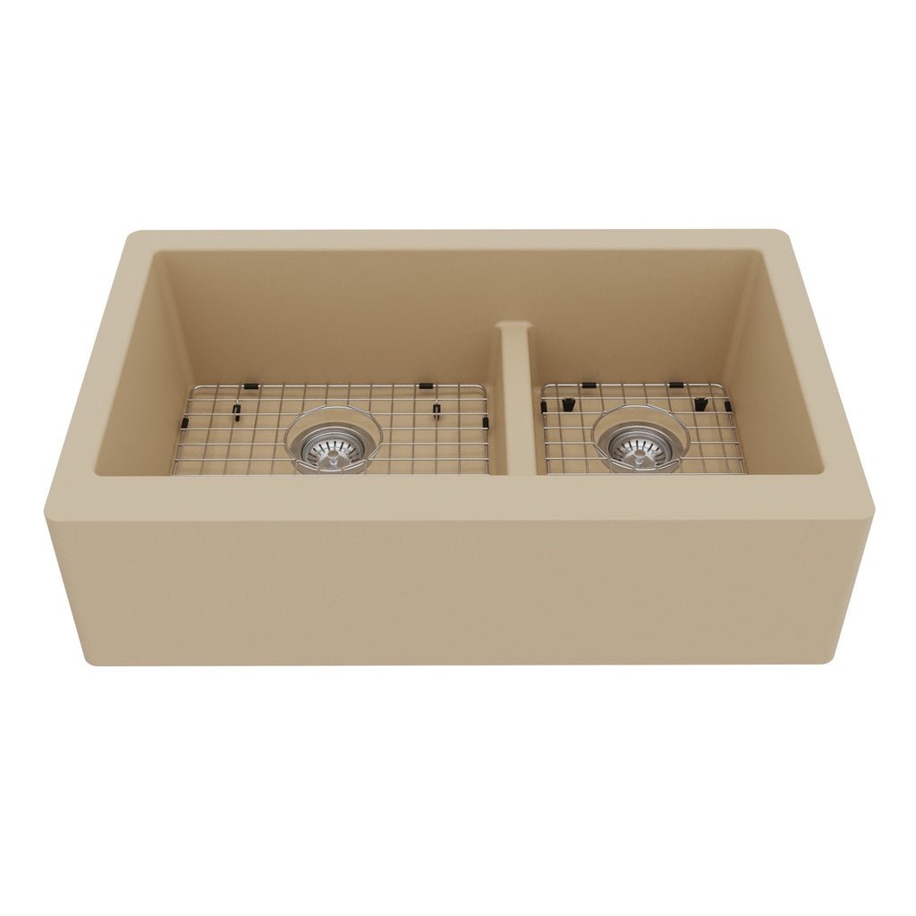 34" Farmhouse Double Offset Bowl Quartz Composite Kitchen Sink Kit In Bisque