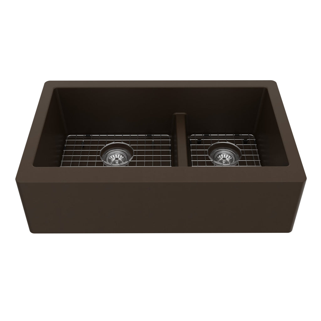 34" Farmhouse Double Offset Bowl Quartz Composite Kitchen Sink Kit In Brown