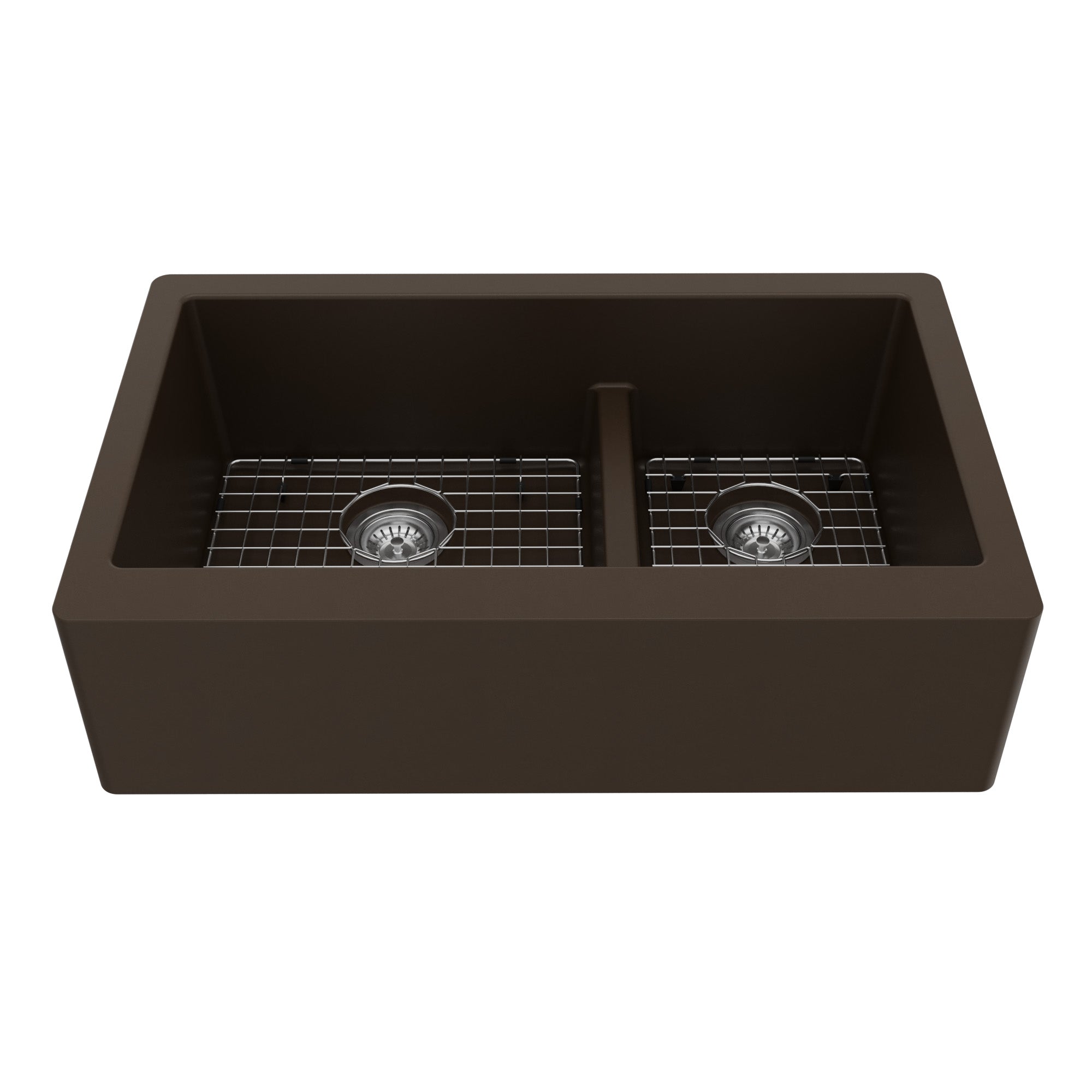 34" Farmhouse Double Offset Bowl Quartz Composite Kitchen Sink Kit In Brown