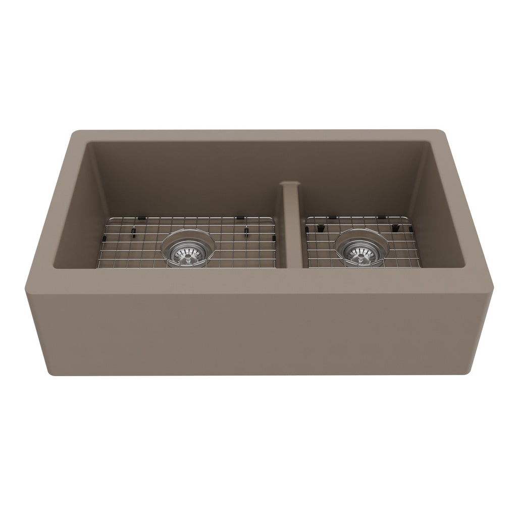 34" Farmhouse Double Offset Bowl Quartz Composite Kitchen Sink Kit In Concrete