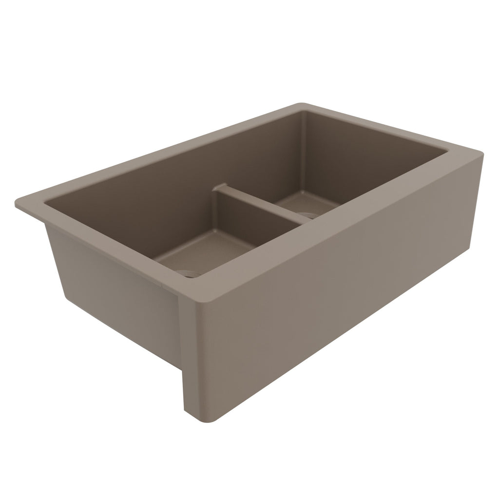 34" Farmhouse Double Offset Bowl Quartz Composite Kitchen Sink In Concrete