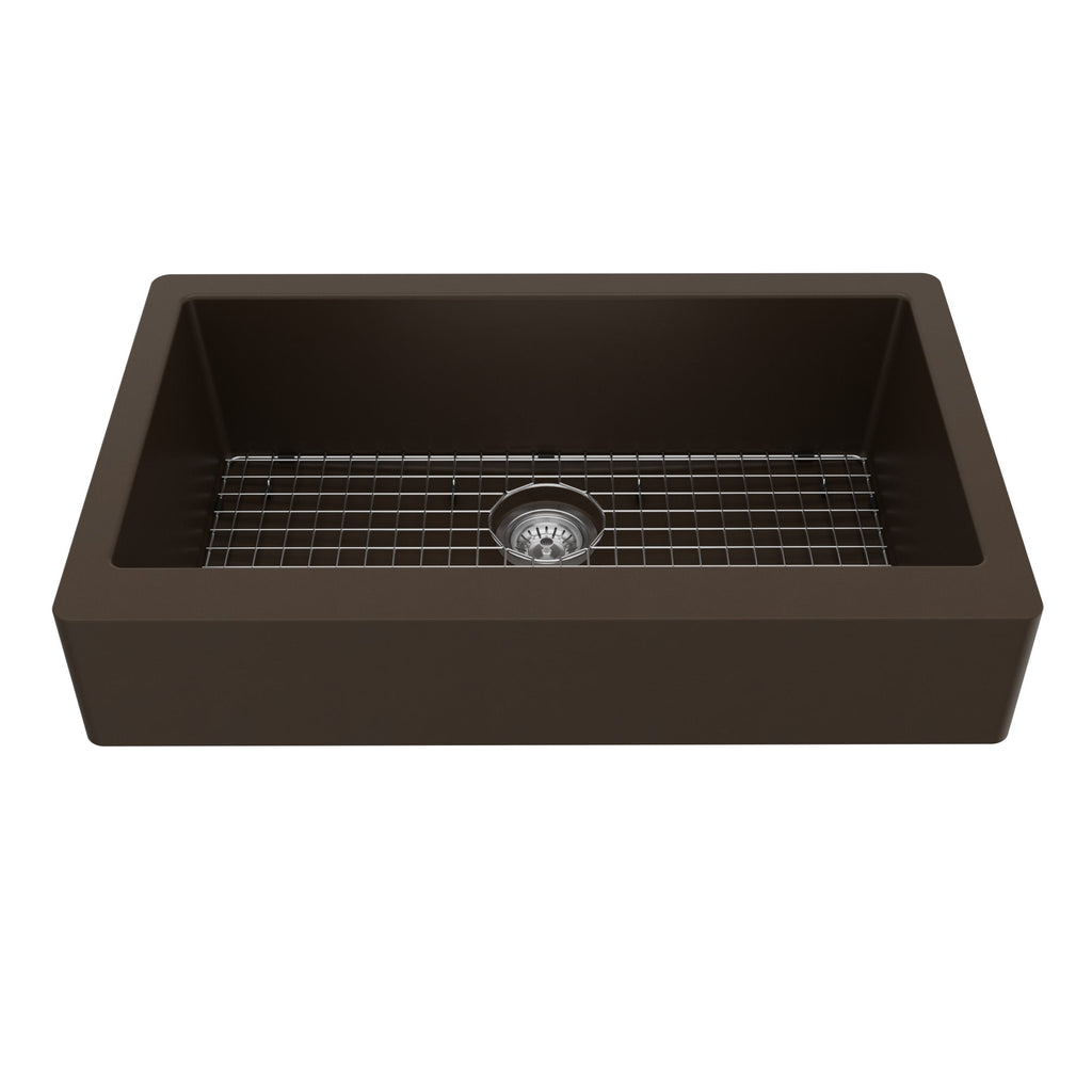 34" Retrofit Farmhouse Large Single Bowl Quartz Composite Kitchen Sink Kit In Brown