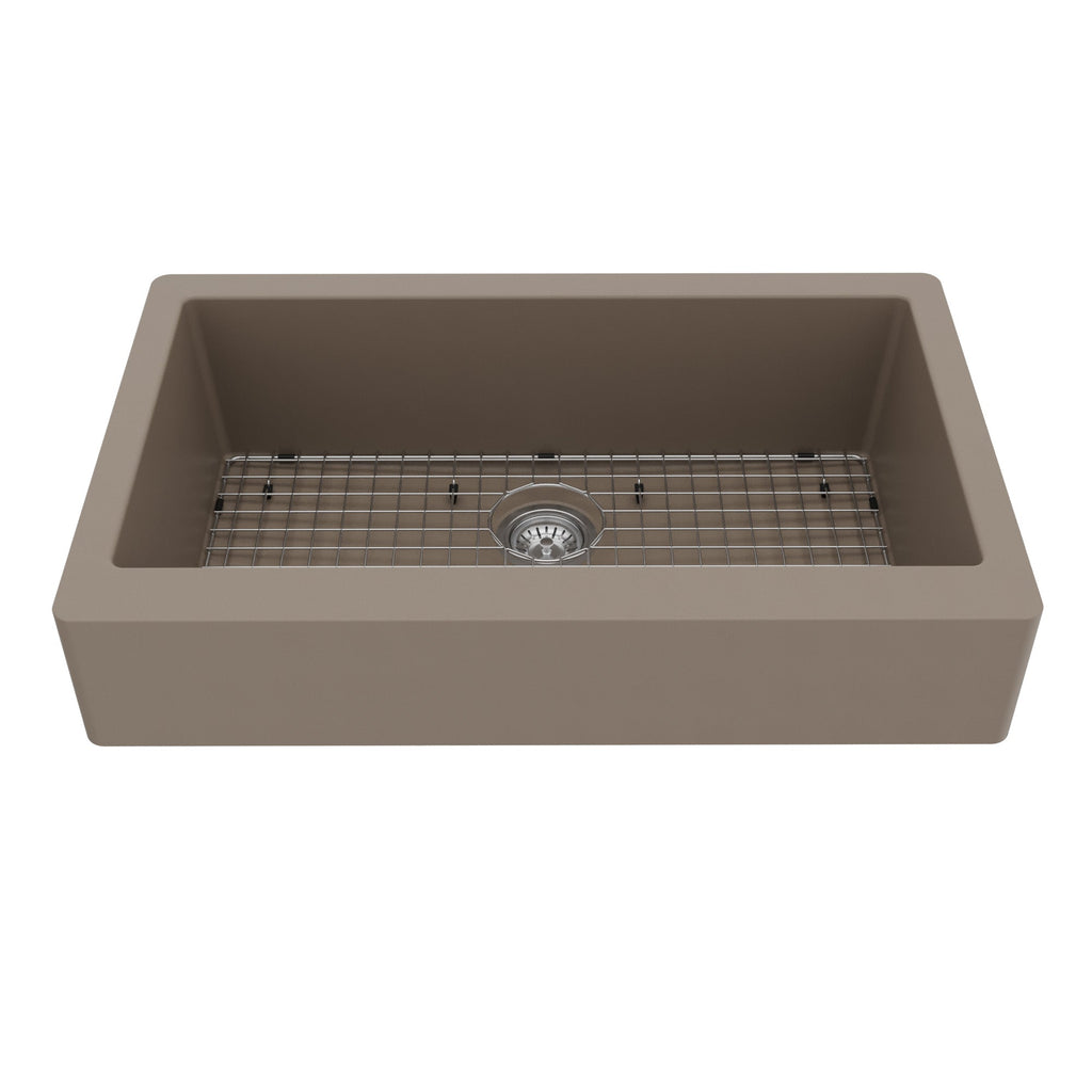 34" Retrofit Farmhouse Large Single Bowl Quartz Composite Kitchen Sink Kit In Concrete