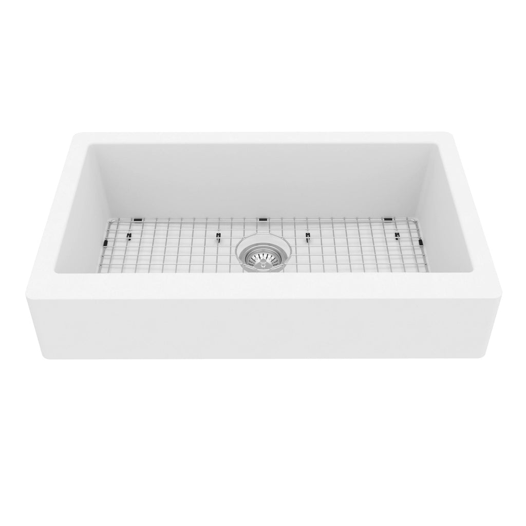 34" Retrofit Farmhouse Large Single Bowl Quartz Composite Kitchen Sink Kit In White