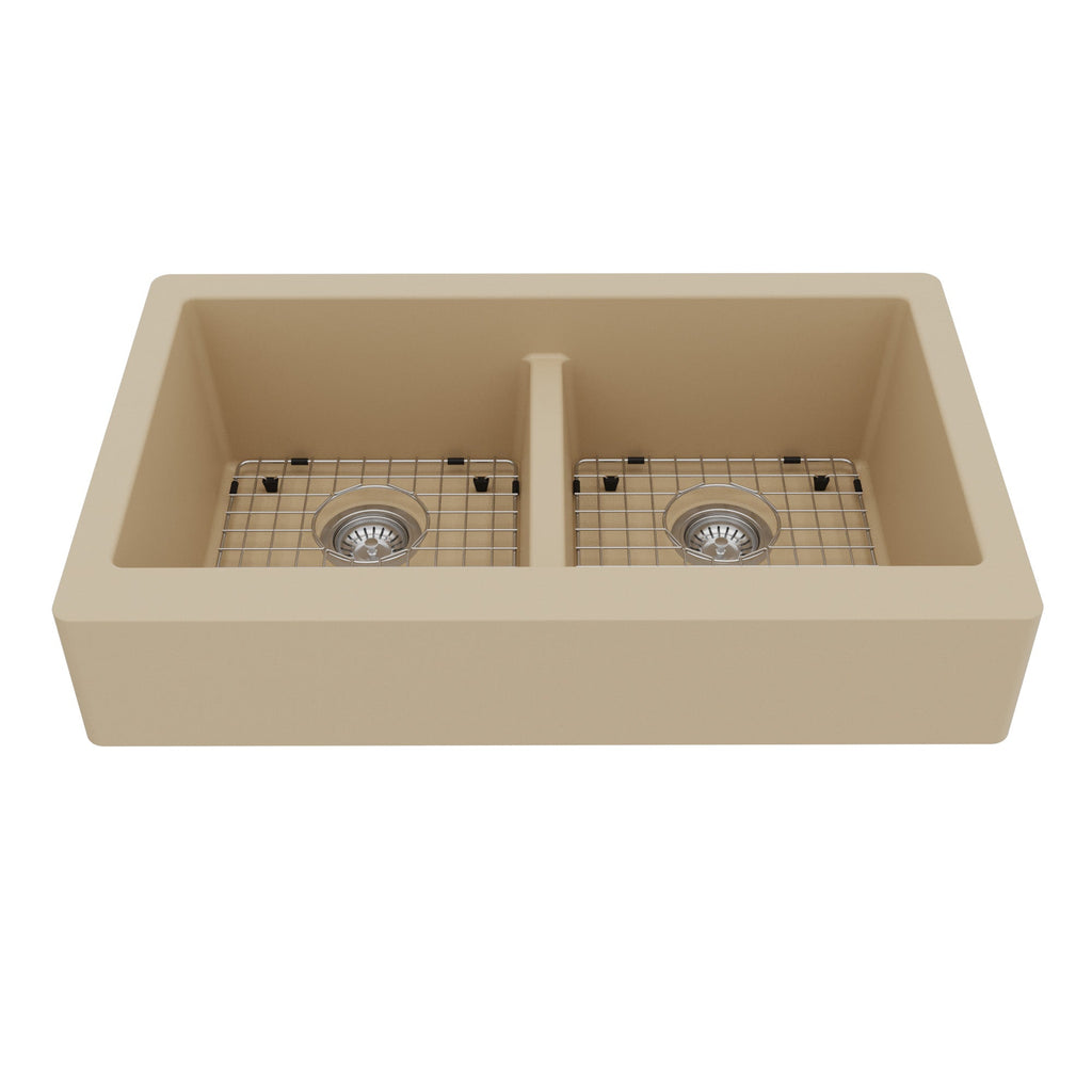 34" Retrofit Farmhouse Double Equal Bowl Quartz Composite Kitchen Sink Kit In Bisque